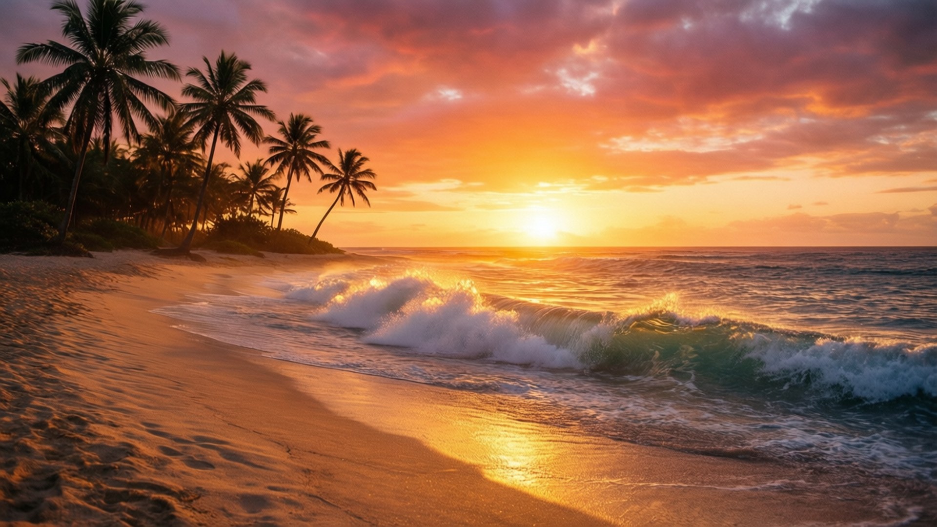 Golden Beach Sunset 壁紙 — 夕陽將天空染成火熱的橙色和粉紅色，海浪拍打著棕櫚樹成蔭的沙灘。