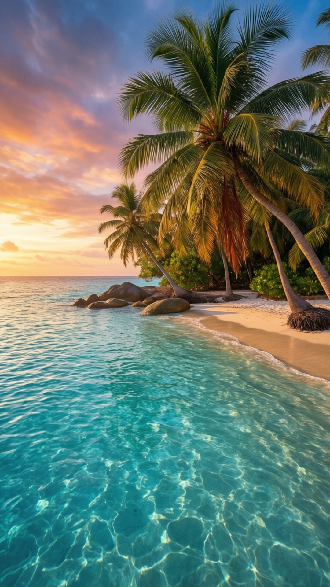 Tropical Paradise Beach 壁紙 — 夕陽將天空染成火熱的橙色和粉紅色，映照在碧綠的海水上，輕拍著沙灘，沙灘上種滿搖曳的棕櫚樹。