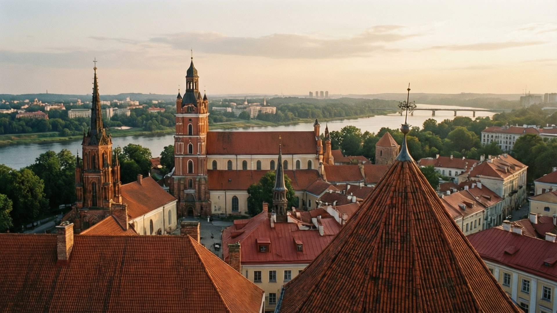 View from Gediminas Tower 壁紙 — 夕陽將維爾紐斯舊城區沐浴在金色光芒中，紅色瓦片屋頂和哥德式尖塔俯瞰著蜿蜒的內里斯河。