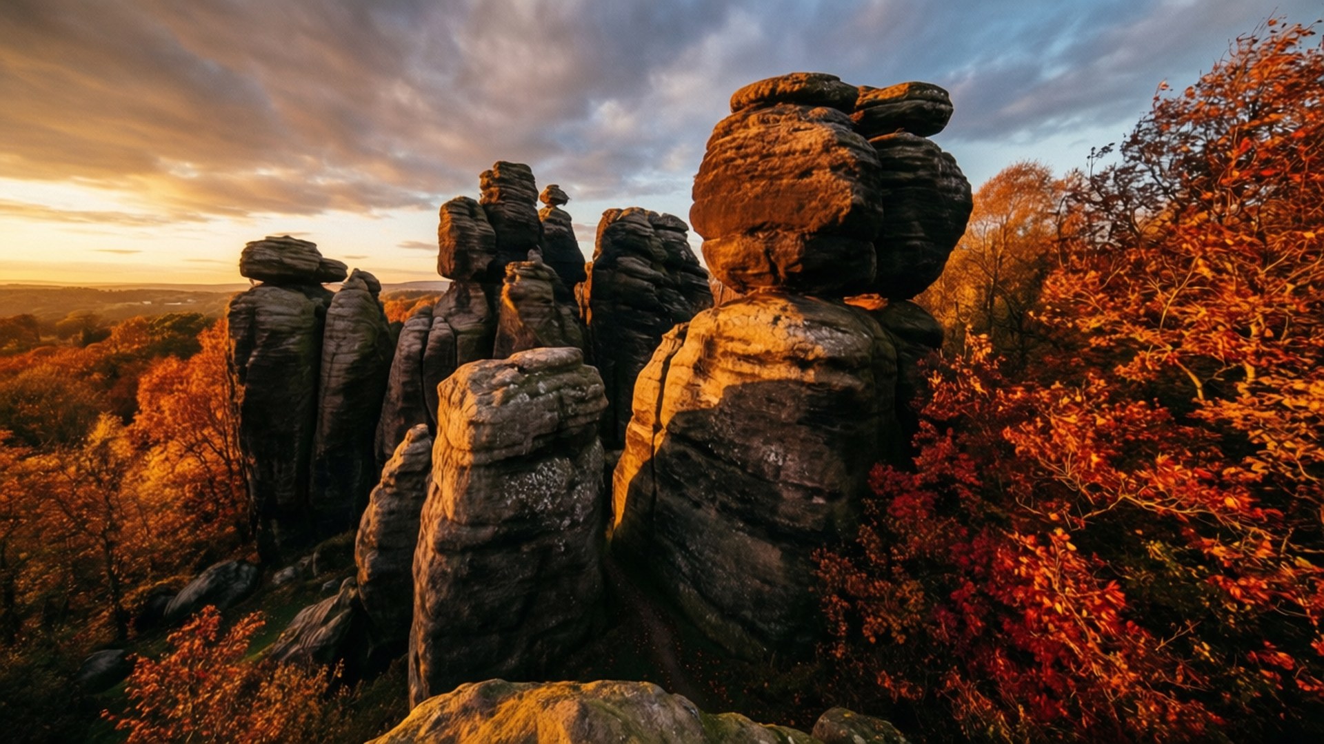 Autumn Brimham Rocks 壁紙 — 夕陽將戲劇性的岩層沐浴在金色光芒中，周圍環繞著火紅的秋葉。
