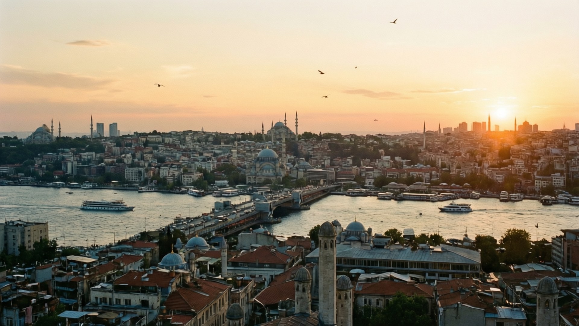 Galata Tower View 壁紙 — 夕陽將伊斯坦堡的歷史天際線沐浴在金色光芒中，船隻在海峽上滑行，鳥兒在圓頂清真寺和紅色屋頂上空翱翔。
