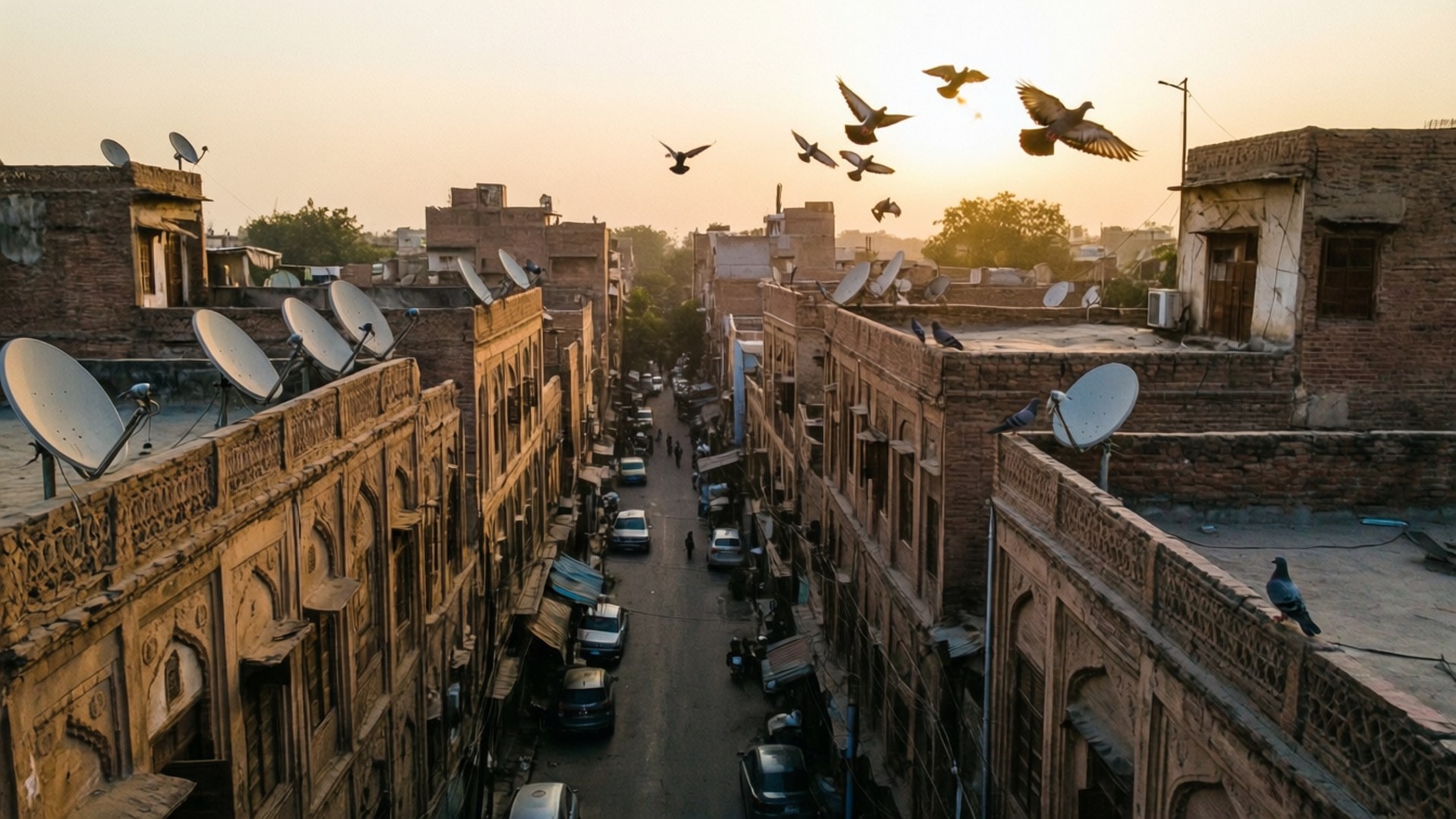 Old Lahore Rooftop 壁紙 — 夕陽灑在一條狹窄的城市街道上，兩旁是帶有衛星天線的磚砌建築，鴿子在頭頂翱翔。