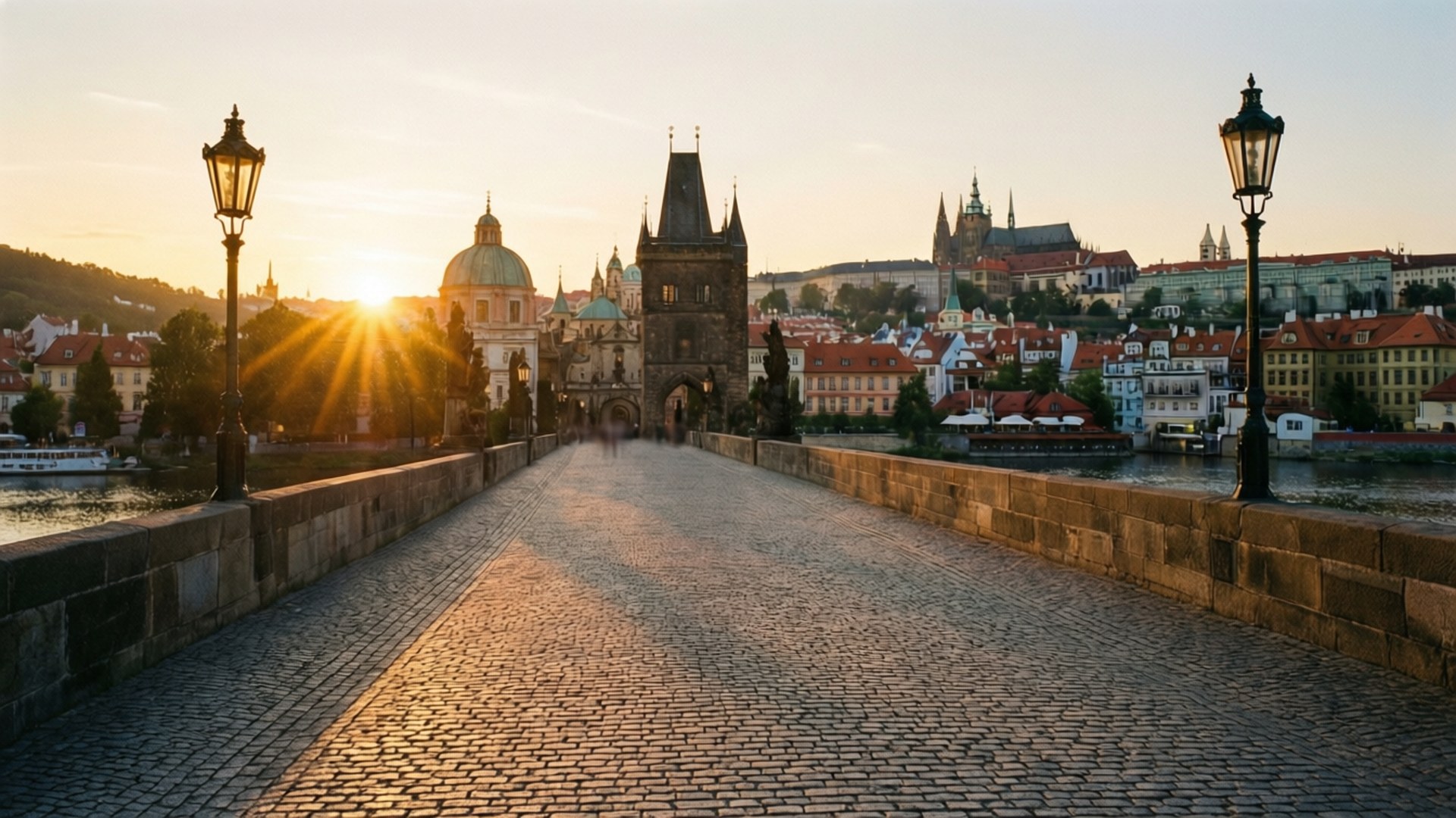 Prague Sunrise Bridge 壁紙 — 夕陽溫暖地照耀著查理大橋，鵝卵石小徑通向歷史悠久的塔樓和圓頂。