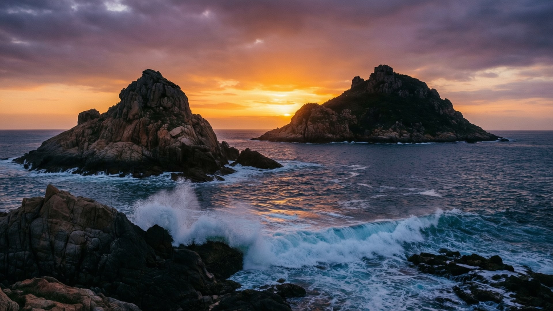 Oryukdo Sunrise Drama 壁紙 — 夕陽將天空染成火熱的橙色和紫色，海浪拍打著崎嶇的海岸岩石。