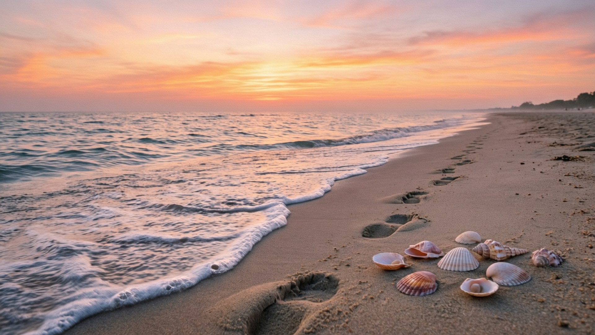 Mental Health Awareness 桌布 壁紙 — 夕陽以溫暖色調塗抹天空，溫柔的海浪親吻著散落貝殼和腳印的沙灘。