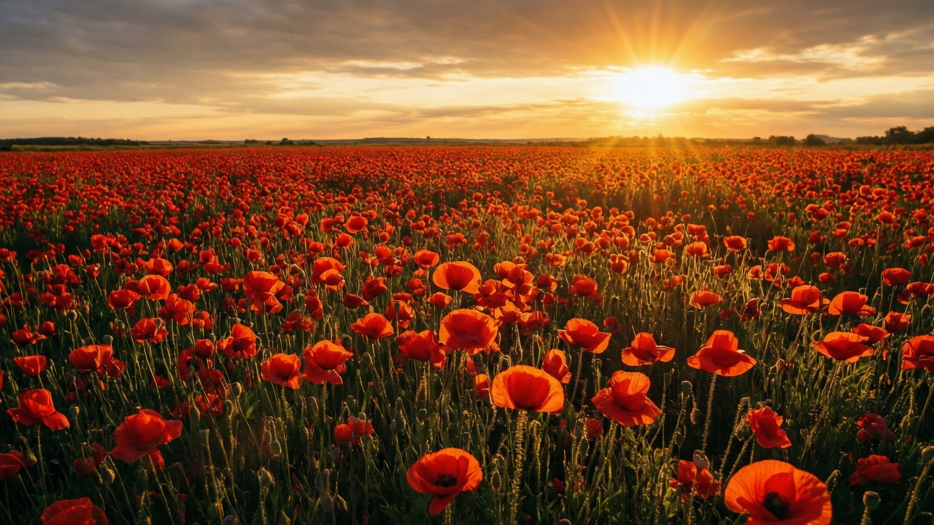 Golden Poppy Sunset 壁紙 — 廣闊的鮮紅色罌粟花田沐浴在金色夕陽光中，燦爛的陽光穿透柔軟的雲層。