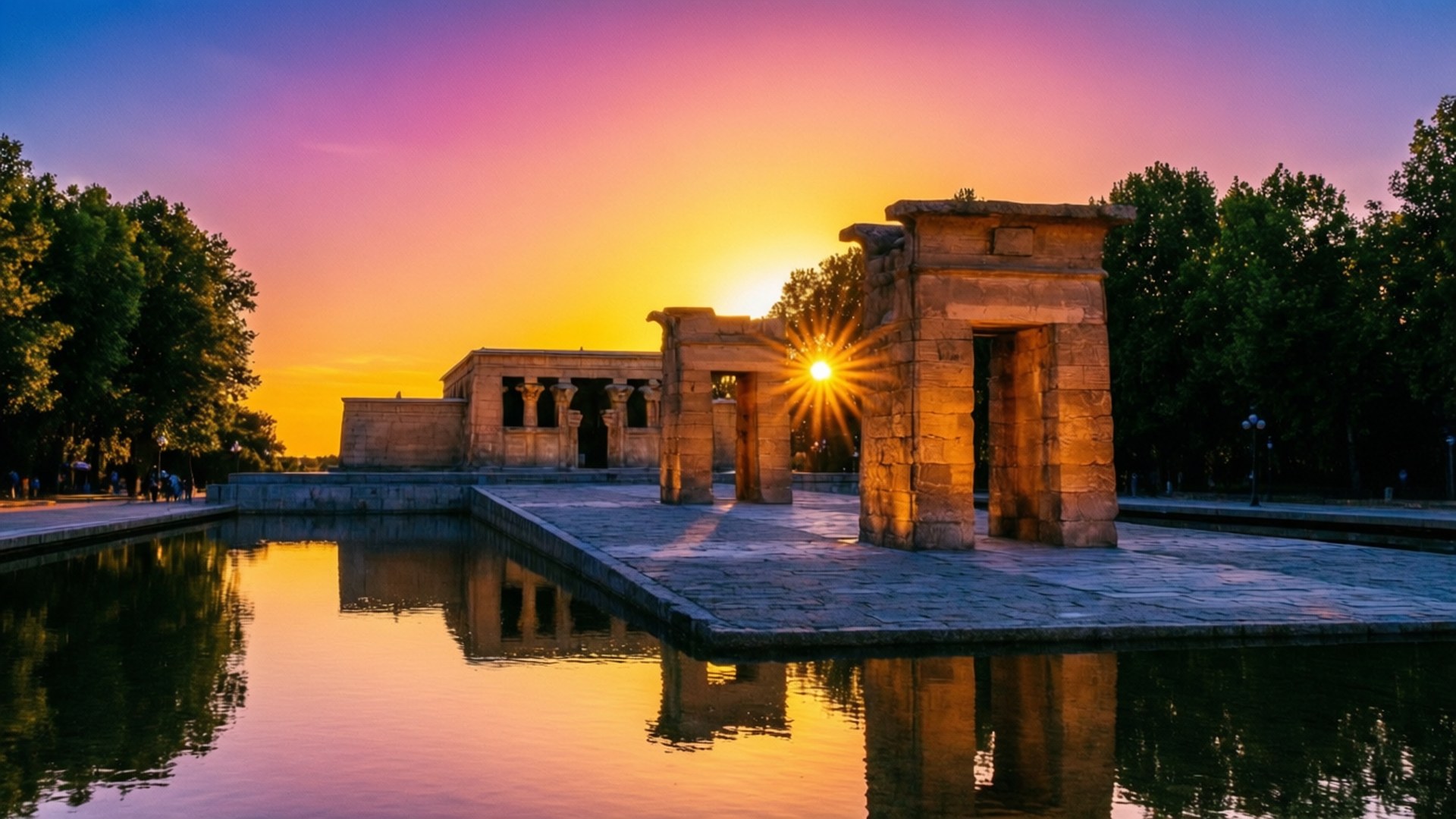 Debod Sunset 壁紙 — 夕陽在古老石廟柱後發光，倒映在平靜的水面上，周圍環繞著樹木。