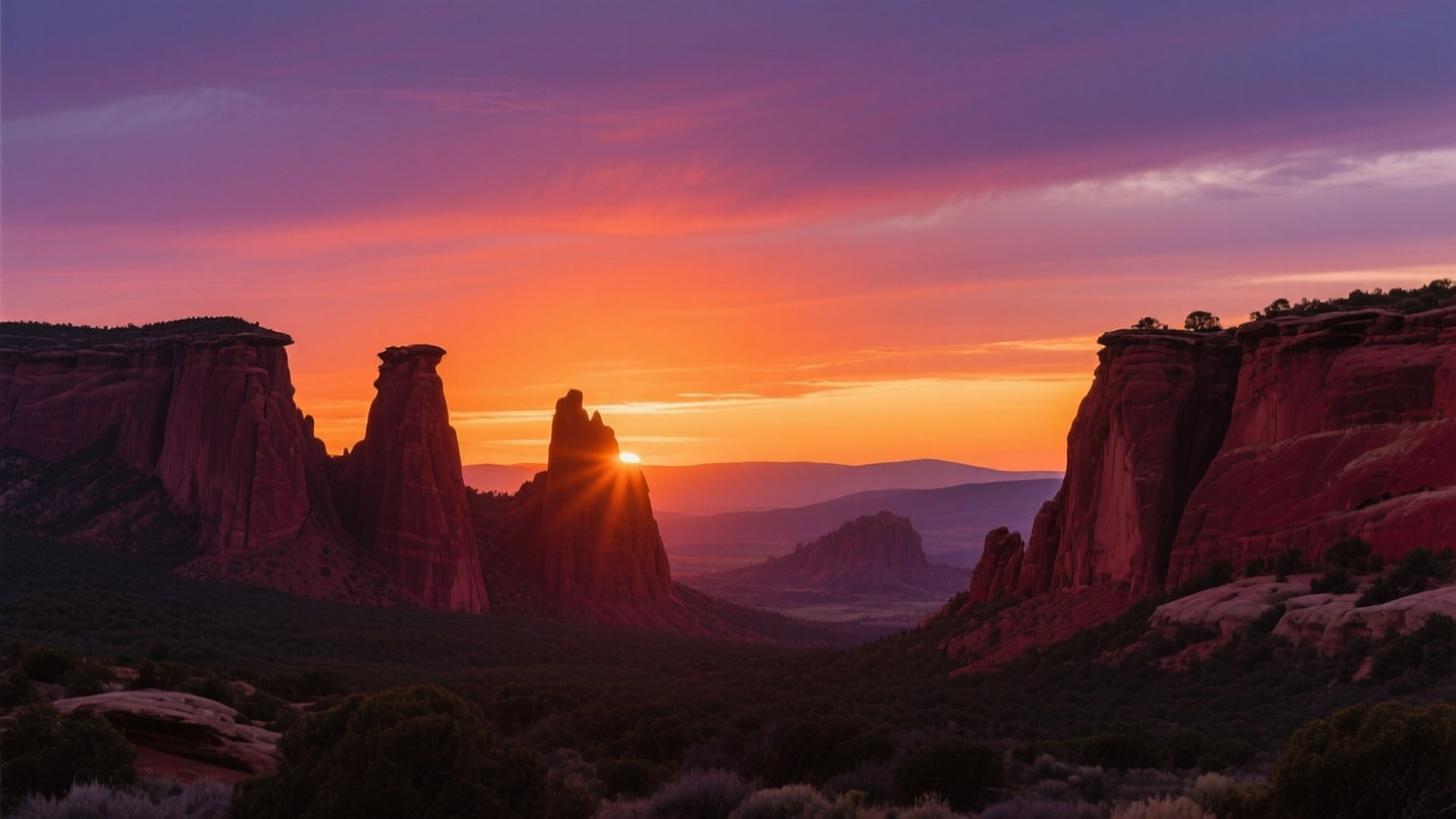 Colorado Monument Sunset 壁紙 — 夕陽在聳立的紅色岩層後方發出熾熱的橙色光芒，在沙漠山谷中投下長長的陰影。