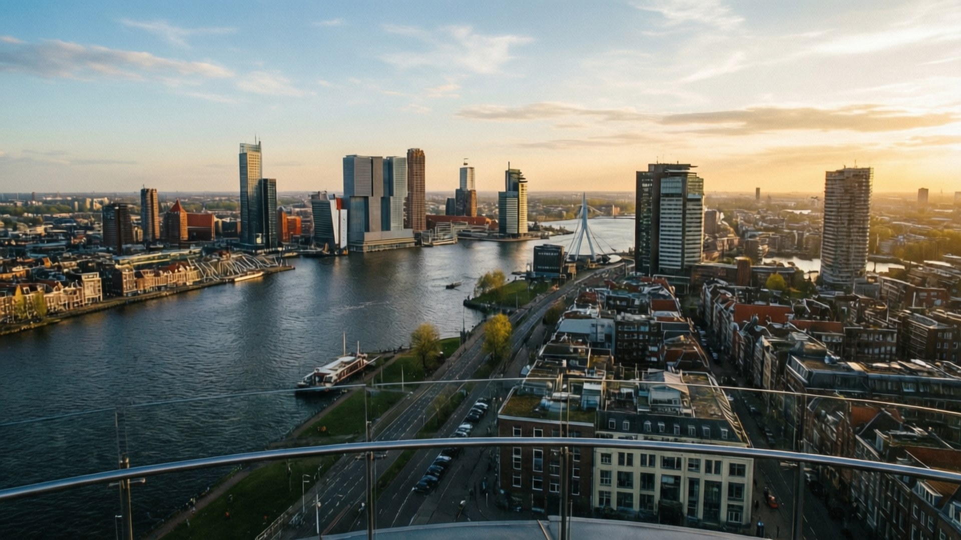 A'DAM Skyline Sunset 壁紙 — 夕陽照亮了阿姆斯特丹的天際線，河邊有現代摩天大樓和歷史悠久的運河房屋。