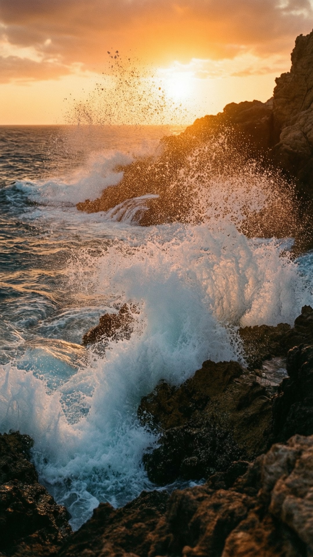 Wave Crash 壁紙 — 夕陽照亮了撞擊在黑暗崎嶇懸崖上的海浪。
