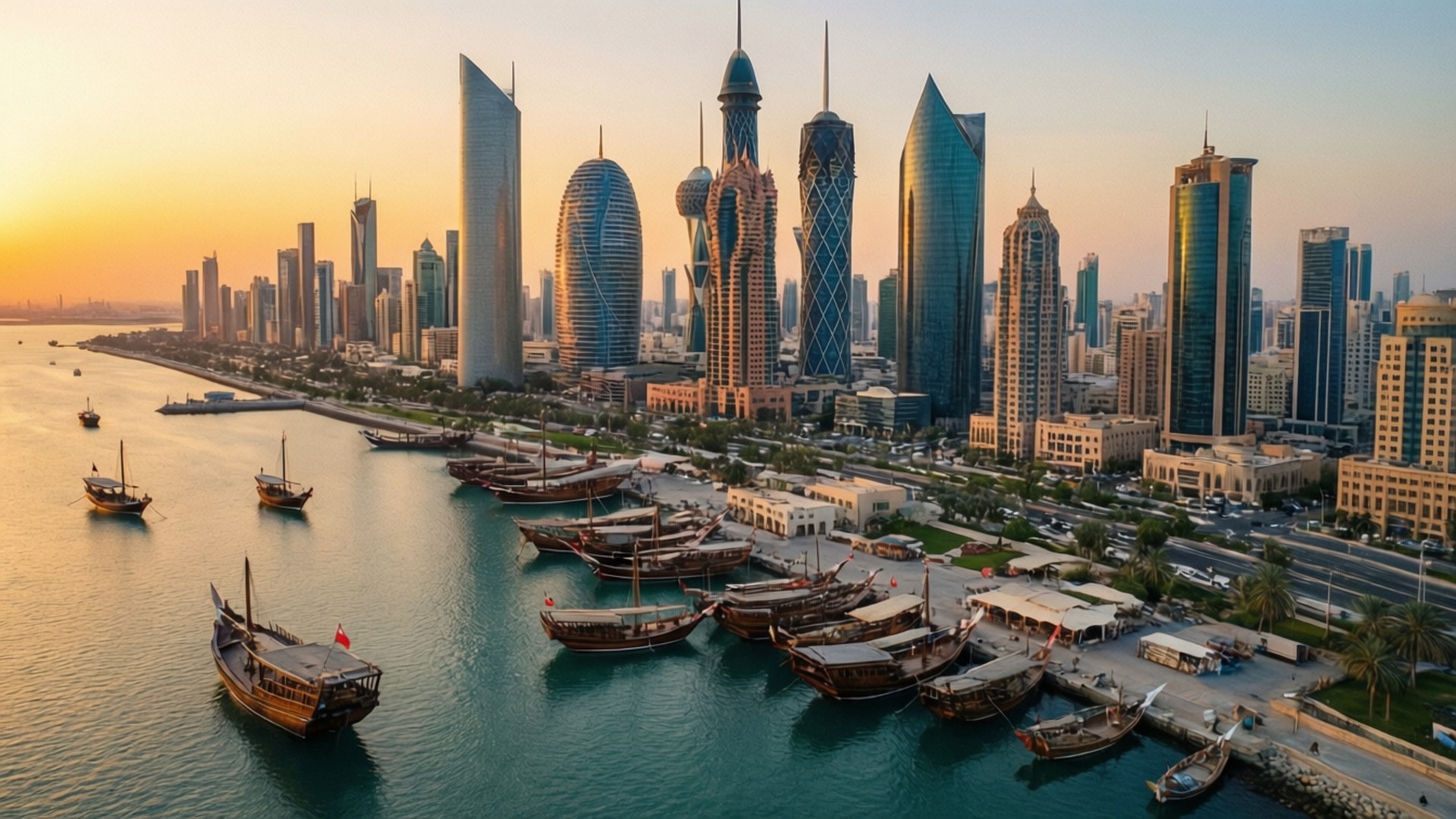 Kuwait Skyline Sunset 壁紙 — 夕陽照亮了未來主義的摩天大樓和傳統木製單桅帆船，停泊在充滿活力的海濱。