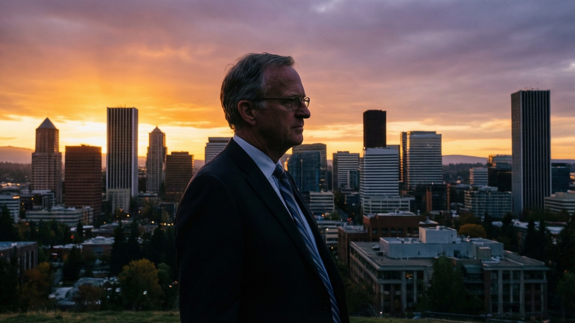 Portland Sunset Silhouette 壁紙 — 一名身穿西裝的男子以剪影姿態站立，背景是現代城市天際線上的 vibrant 日落，帶有發光的橙色和紫色雲彩。