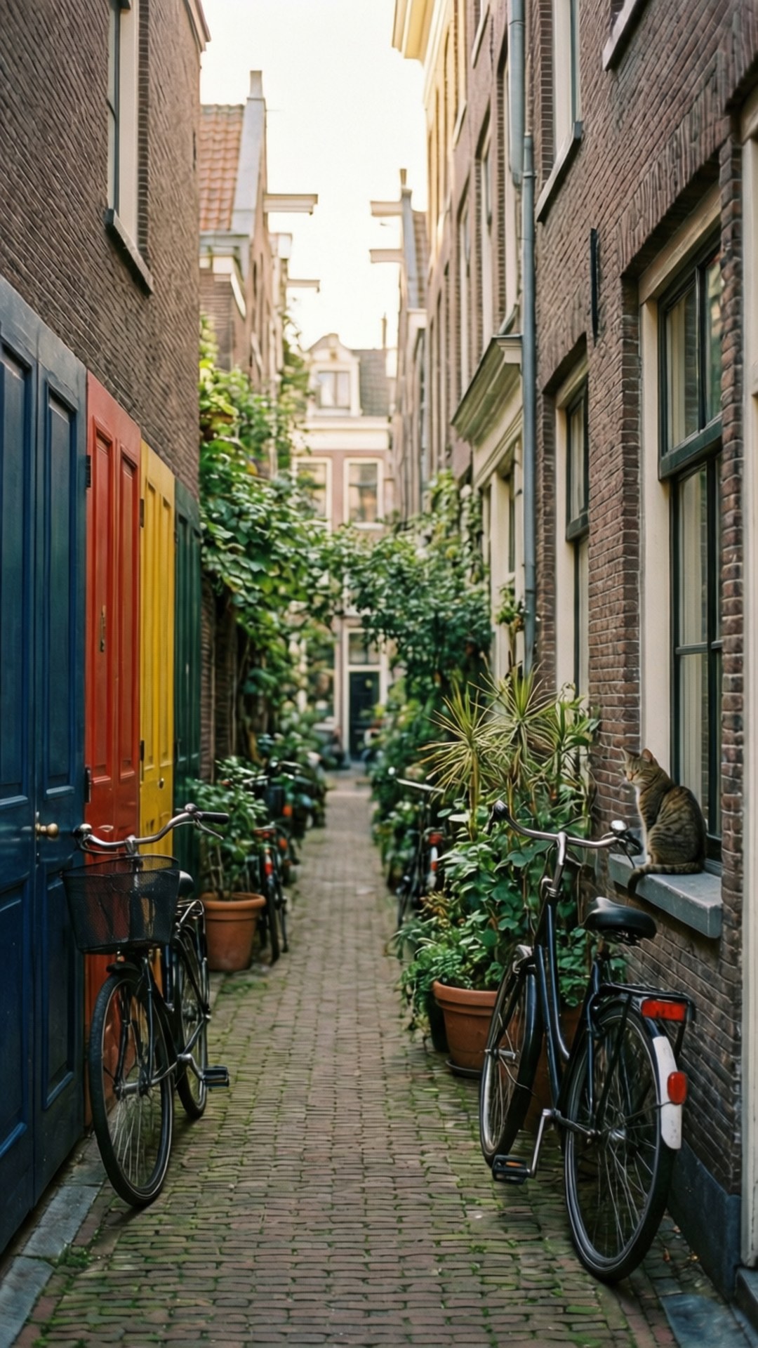 Jordaan Alley Morning 壁紙 — 一條狹窄的鵝卵石小巷，兩旁是磚砌建築，有色彩繽紛的門，腳踏車停放在盆栽植物旁邊，窗台上有一隻貓。