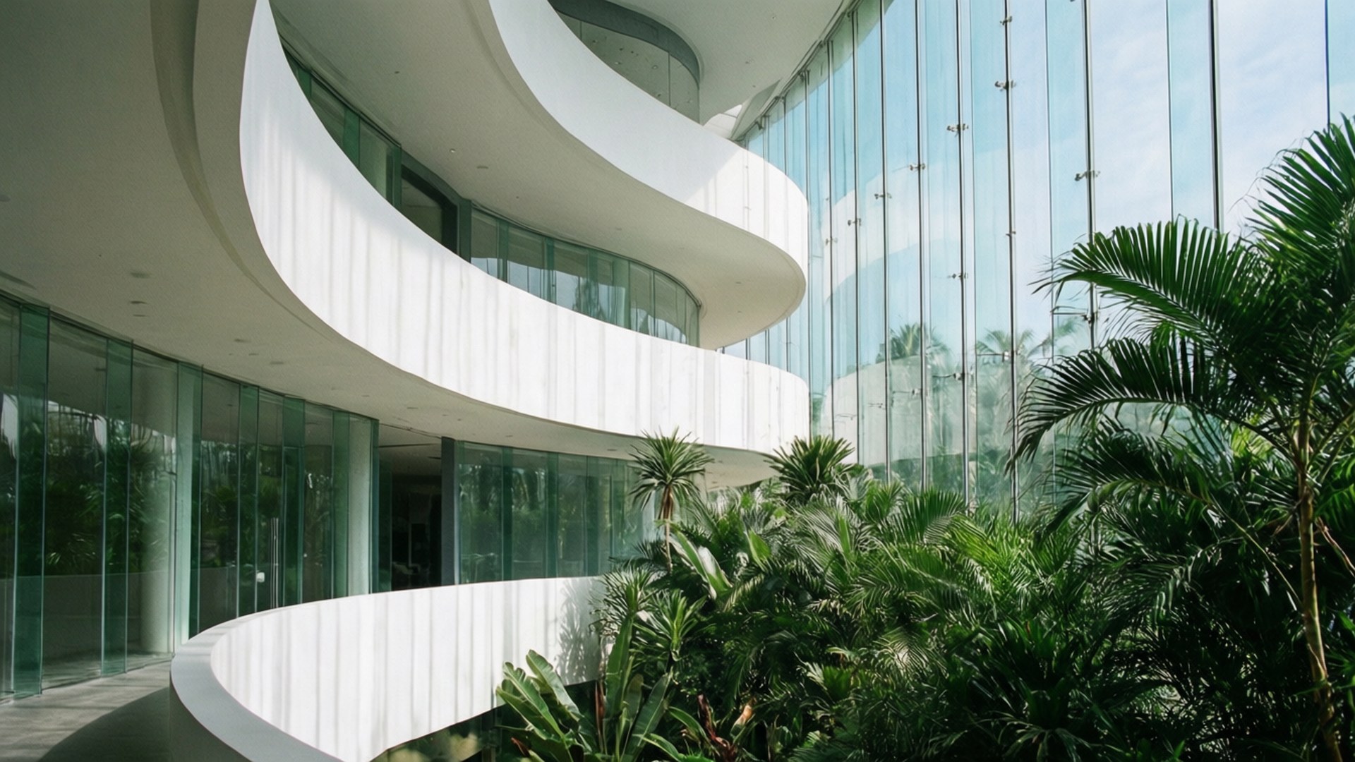 Tropical Modern Home 壁紙 — 現代白色螺旋樓梯環繞玻璃建築，前景有茂密的綠色棕櫚樹。
