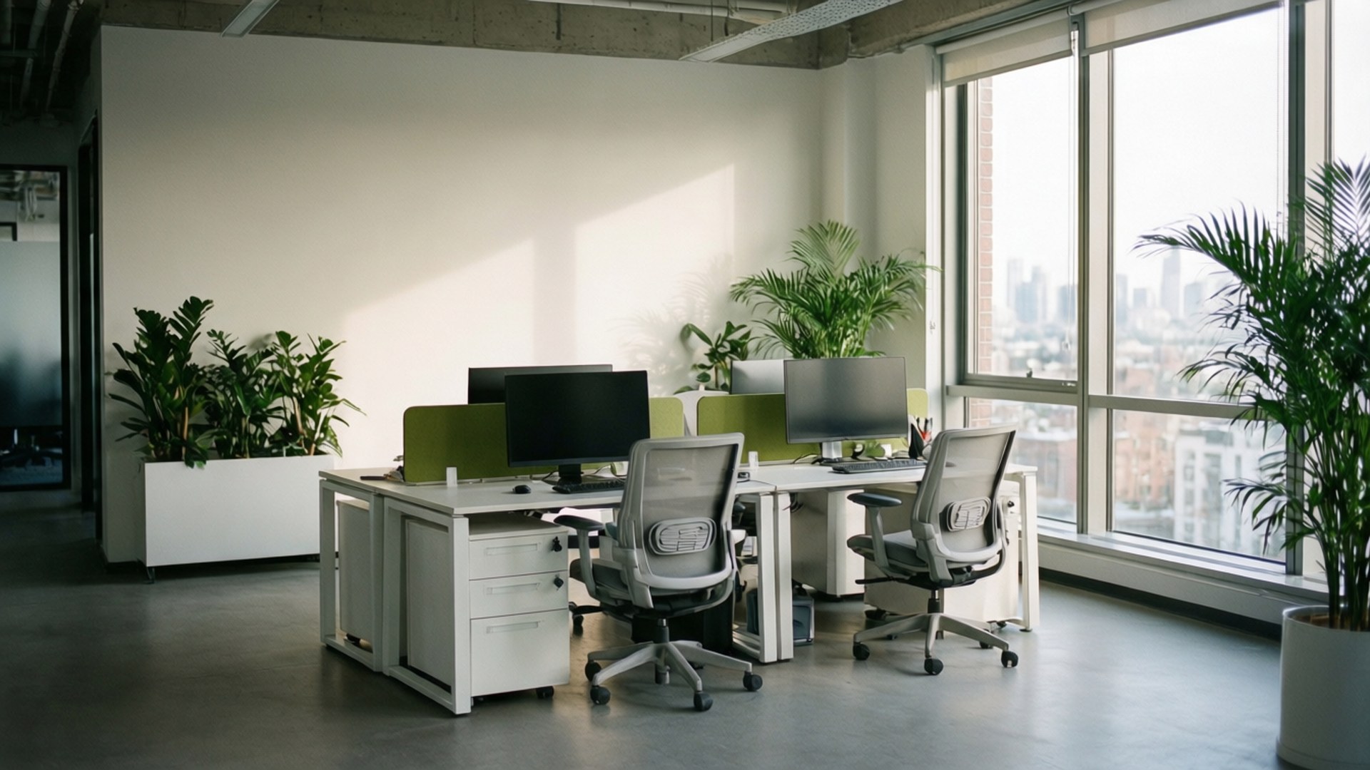 Modern Office Workspace 壁紙 — 現代辦公室，配有白色辦公桌、灰色椅子和茂盛的綠色植物，沐浴在從大窗戶射入的自然光中，窗外可俯瞰城市景觀。