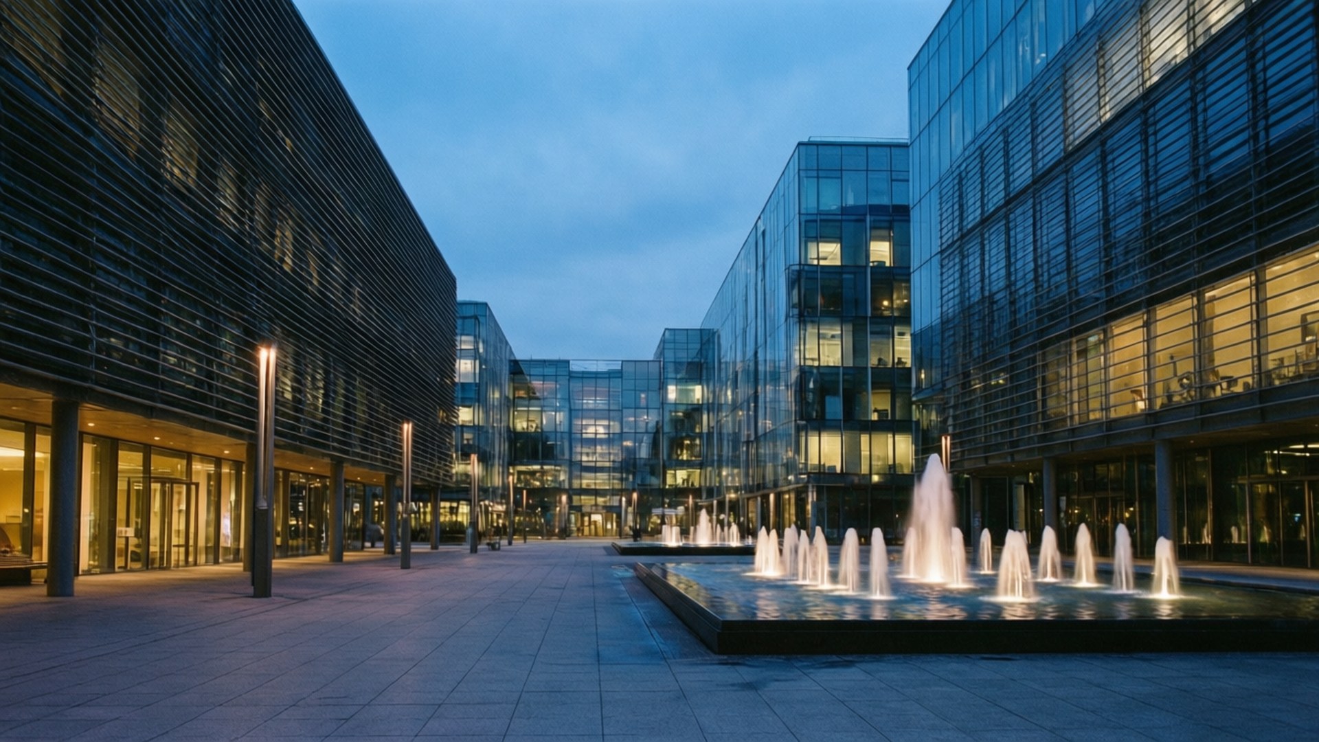 Place des Arts Evening 壁紙 — 現代玻璃摩天大樓環繞著中央廣場，廣場上有發光的噴泉在暮色天空下閃耀。