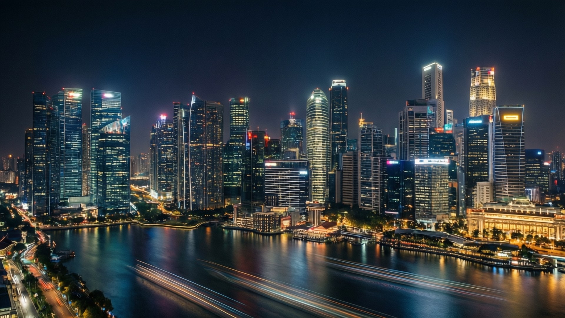 City Lights Reflection 壁紙 — 現代城市天際線的耀眼夜景，高聳的摩天大樓在下方平靜的河流上反射出鮮豔的燈光。