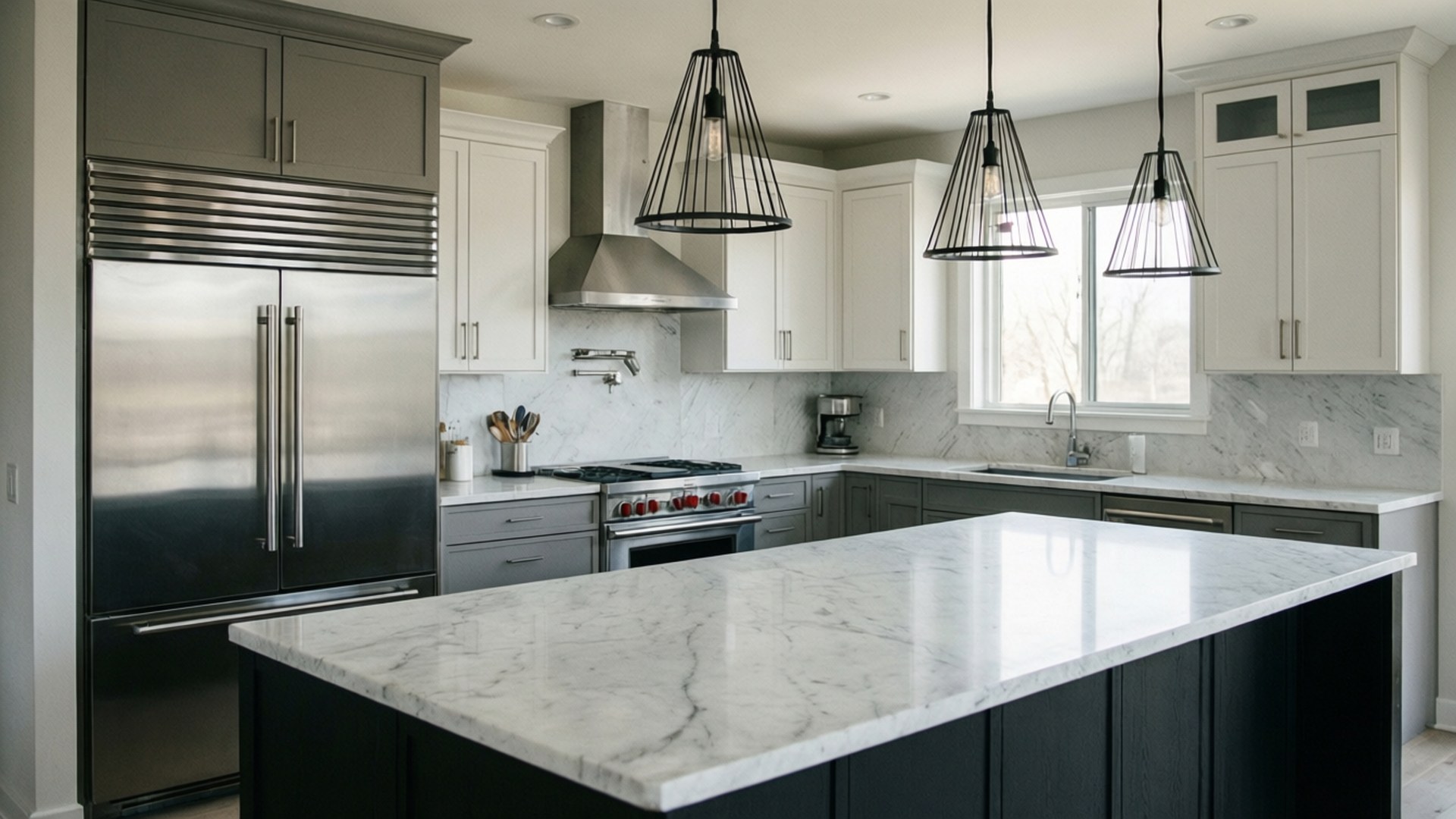 Sleek Modern Kitchen 壁紙 — 現代廚房，配有白色大理石檯面、黑色中島、不鏽鋼電器和黑色線條吊燈。