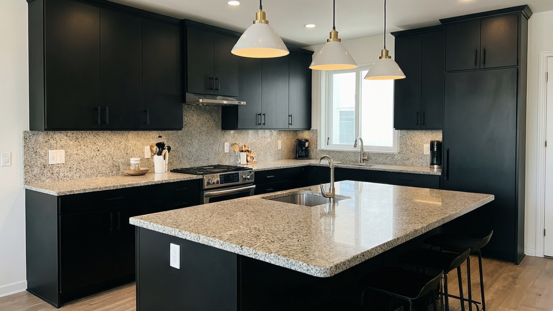Sleek Modern Kitchen 壁紙 — 現代廚房，配有黑色櫥櫃、花崗岩檯面和中島上方的吊燈。