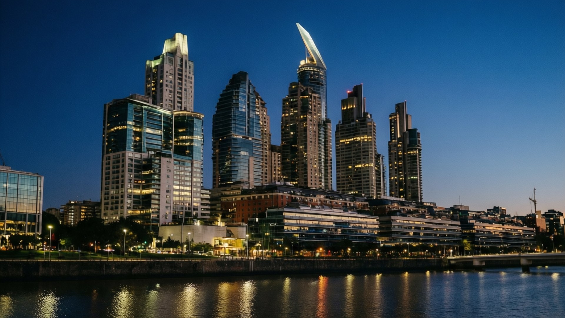 Buenos Aires Nights 壁紙 — 現代摩天大樓閃爍的窗戶在深藍色暮色天空下平靜的水面上倒映。