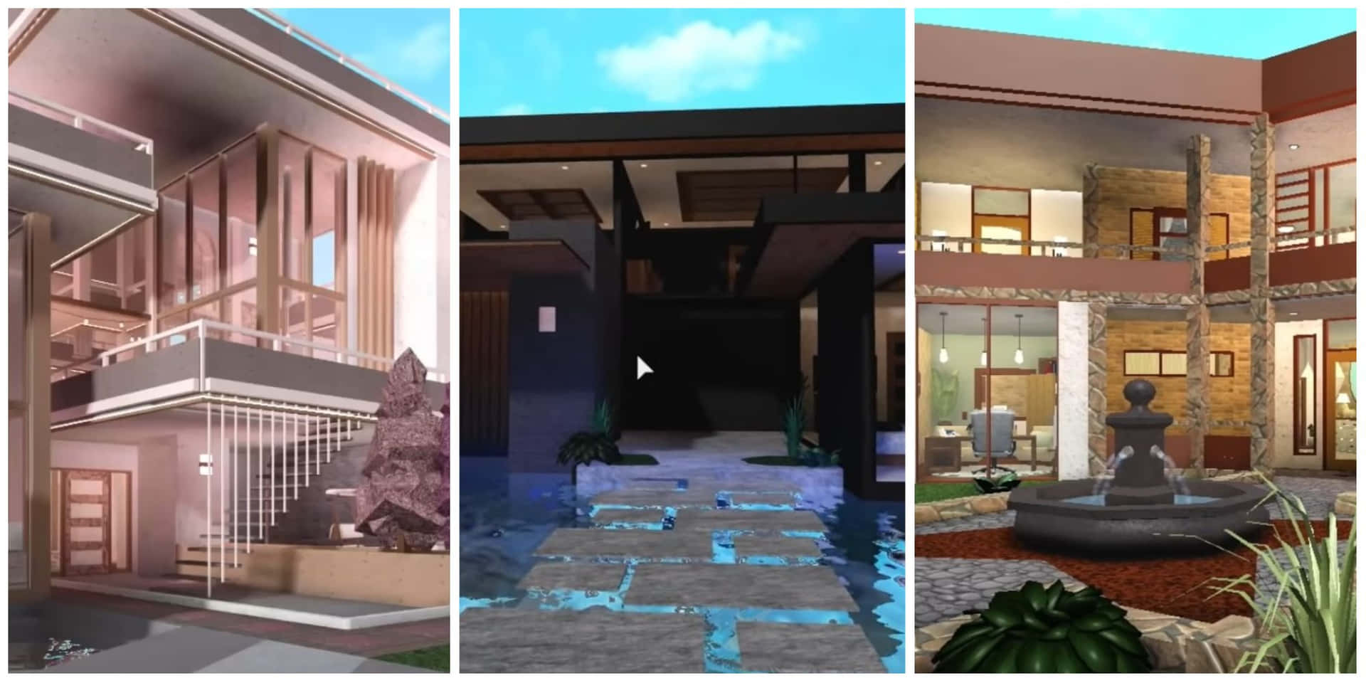 現代熱帶別墅，設有泳池噴泉和玻璃陽台 — Roblox 壁紙