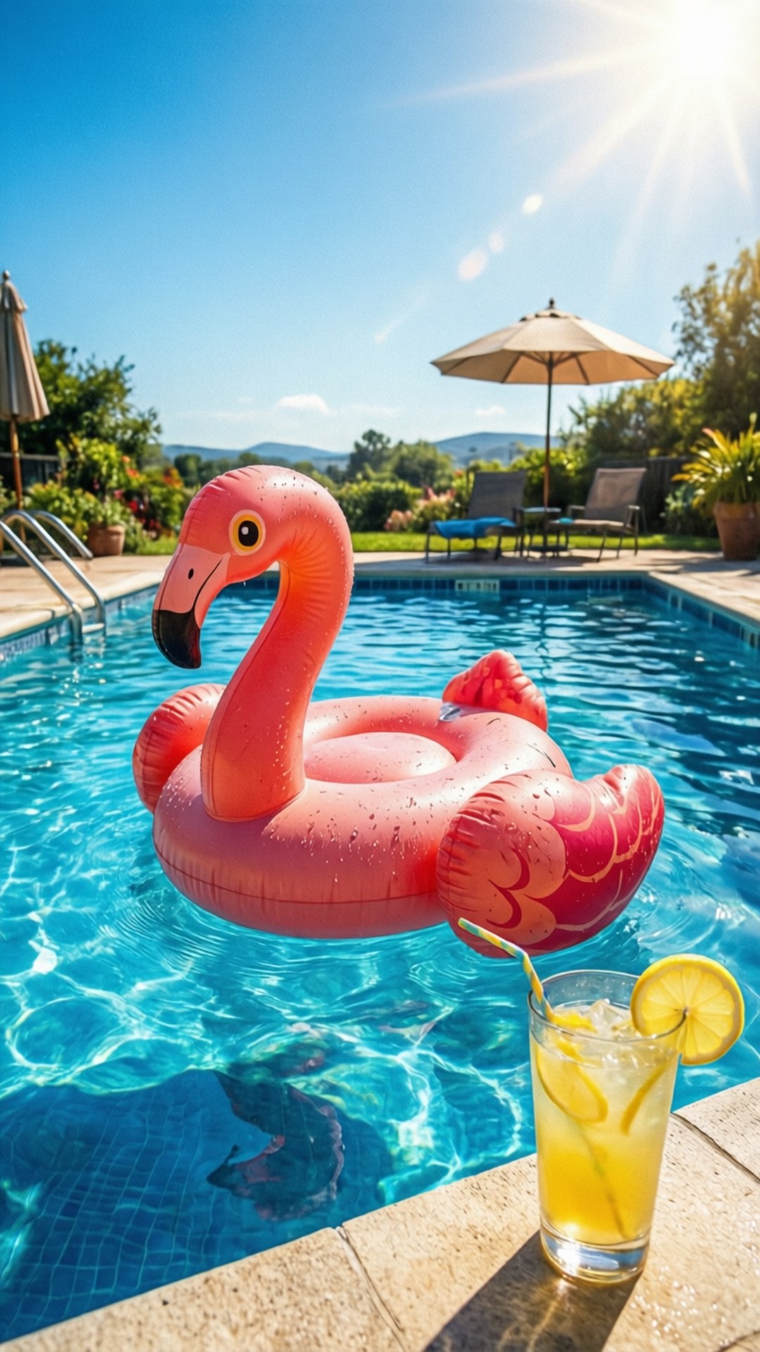 Poolside Summer Fun 壁紙 — 一個鮮粉紅色火烈鳥浮床在閃閃發光的藍色泳池水中，旁邊放著一杯檸檬水，在晴朗的天空下。