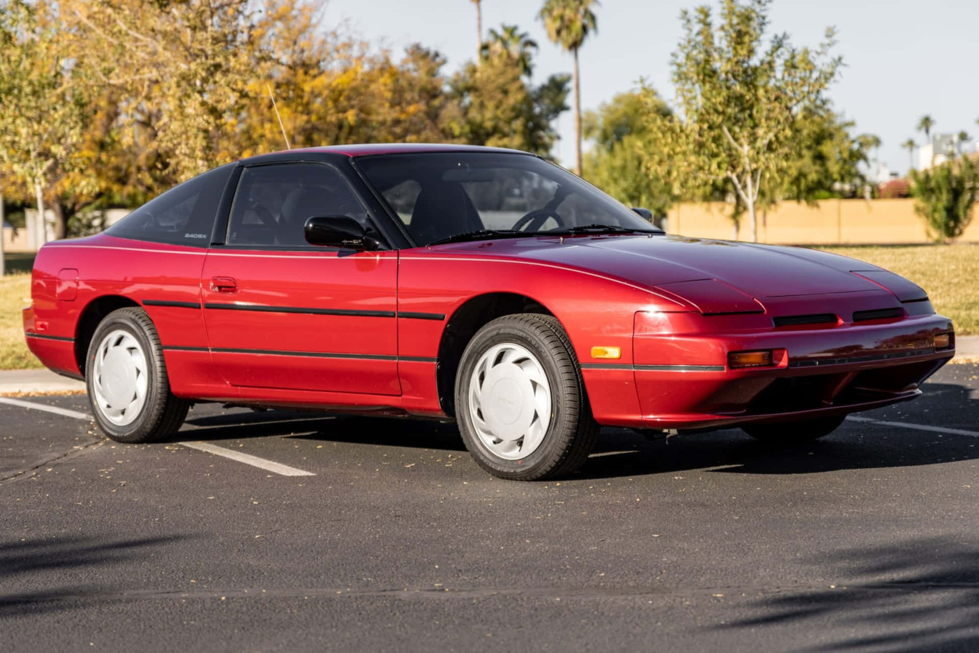  壁紙 — 一輛鮮紅色的1980年代日產300ZX跑車停放在陽光充足的地方，背景有棕櫚樹和秋葉。