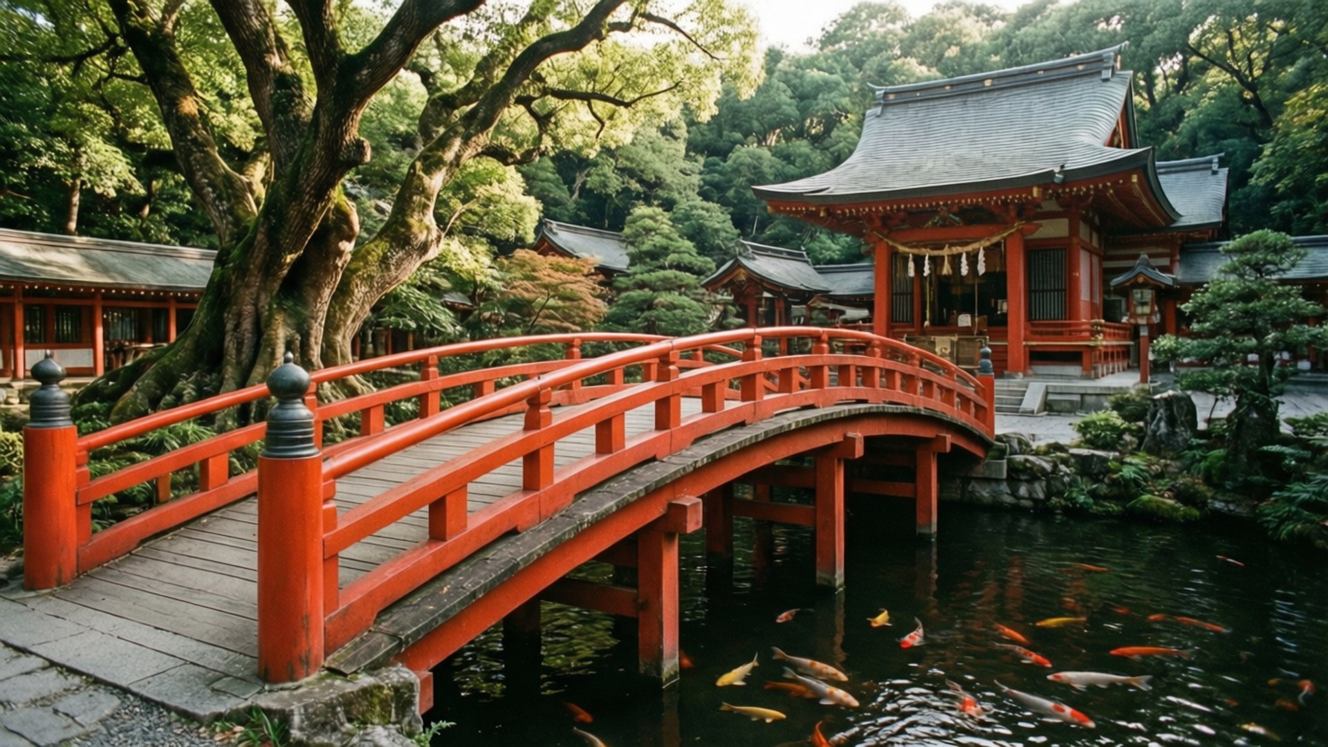 Sumiyoshi Shrine Bridge 壁紙 — 一座鮮紅色的拱橋橫跨在錦鯉池上，前方是傳統日本神社，周圍環繞著茂密的綠樹。