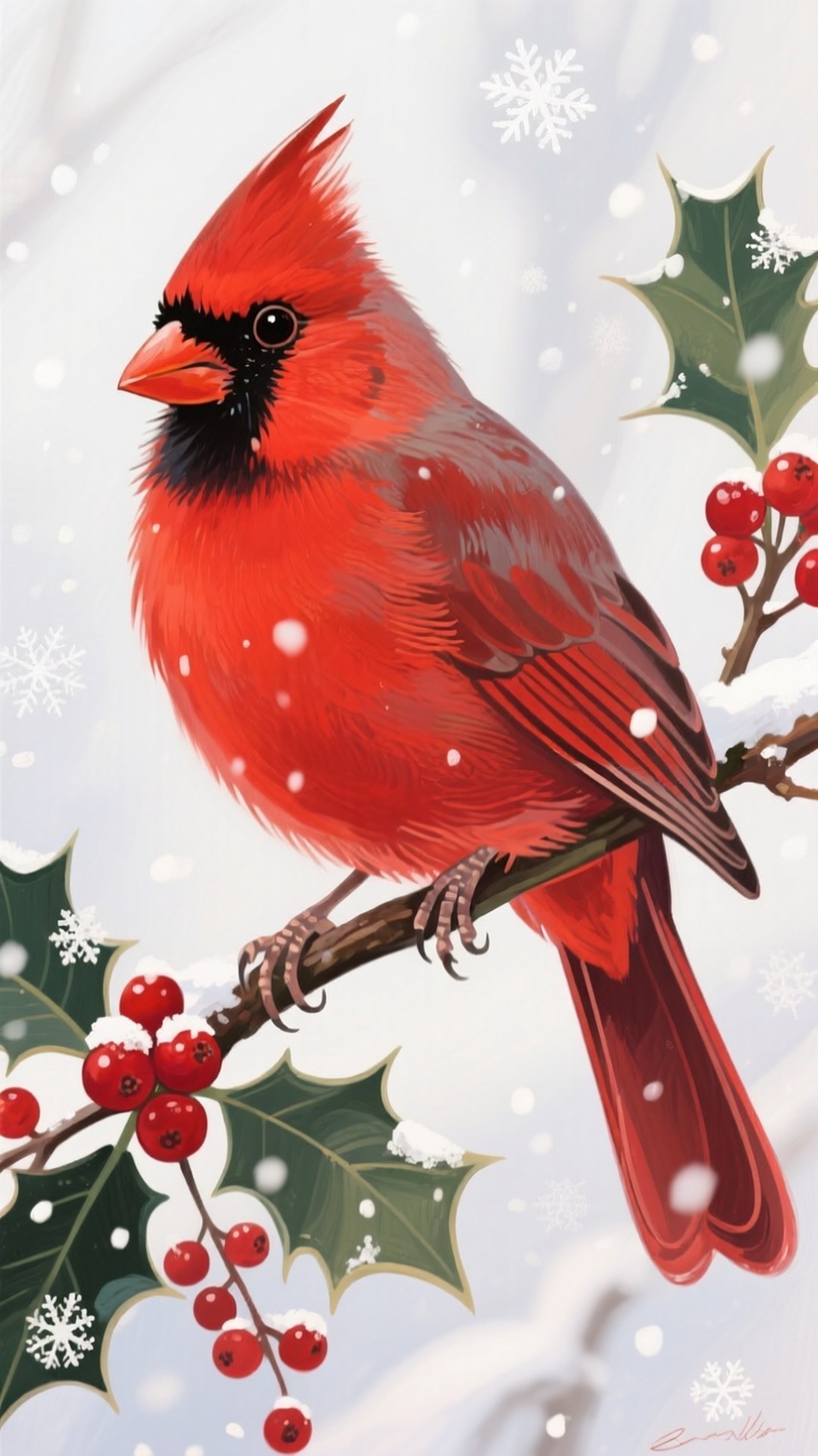 Cardinal in Winter 壁紙 — 一隻鮮紅色的紅衣鳳頭鳥棲息在積雪的冬青枝上，枝頭有紅色漿果，白色雪花輕輕飄落。