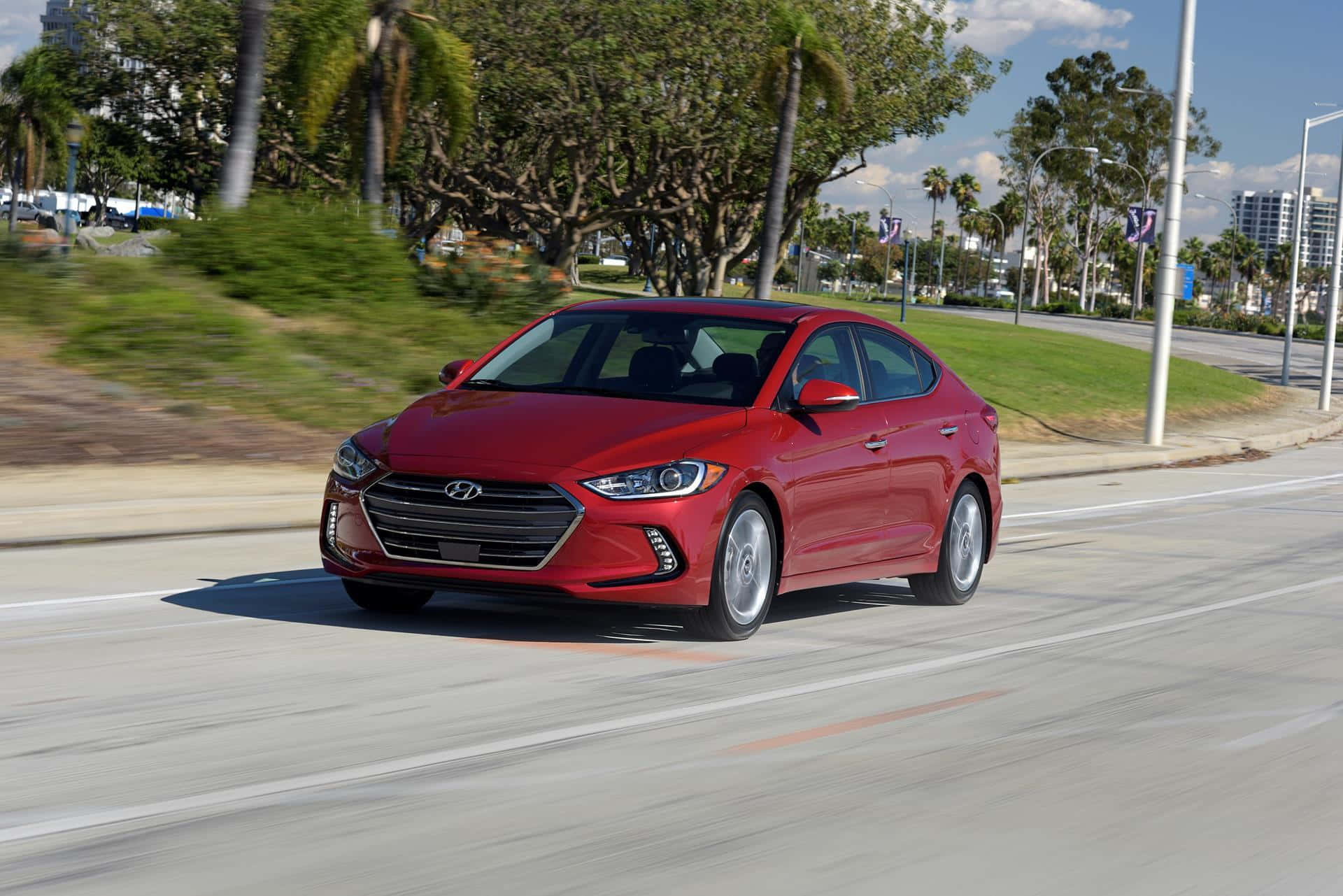 Hyundai Elantra 桌布 壁紙 — 一輛鮮紅色的現代轎車在陽光明媚、兩旁種滿棕櫚樹和綠植的城市道路上奔馳。