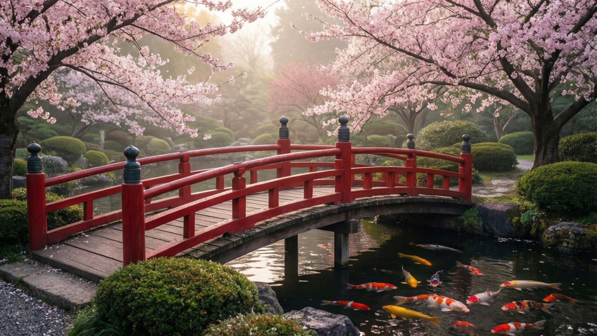 春季花園中，池塘上的紅色木橋，有錦鯉和櫻花樹 — 1440P 壁紙