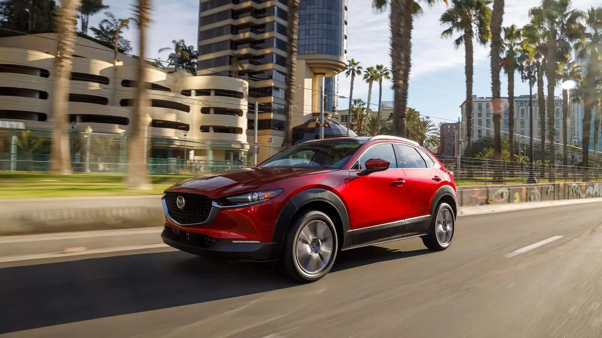 Mazda Cx-30 桌布 壁紙 — 一輛鮮紅色的馬自達CX-30 SUV在棕櫚樹成蔭的都市街道上行駛，背景是現代建築。