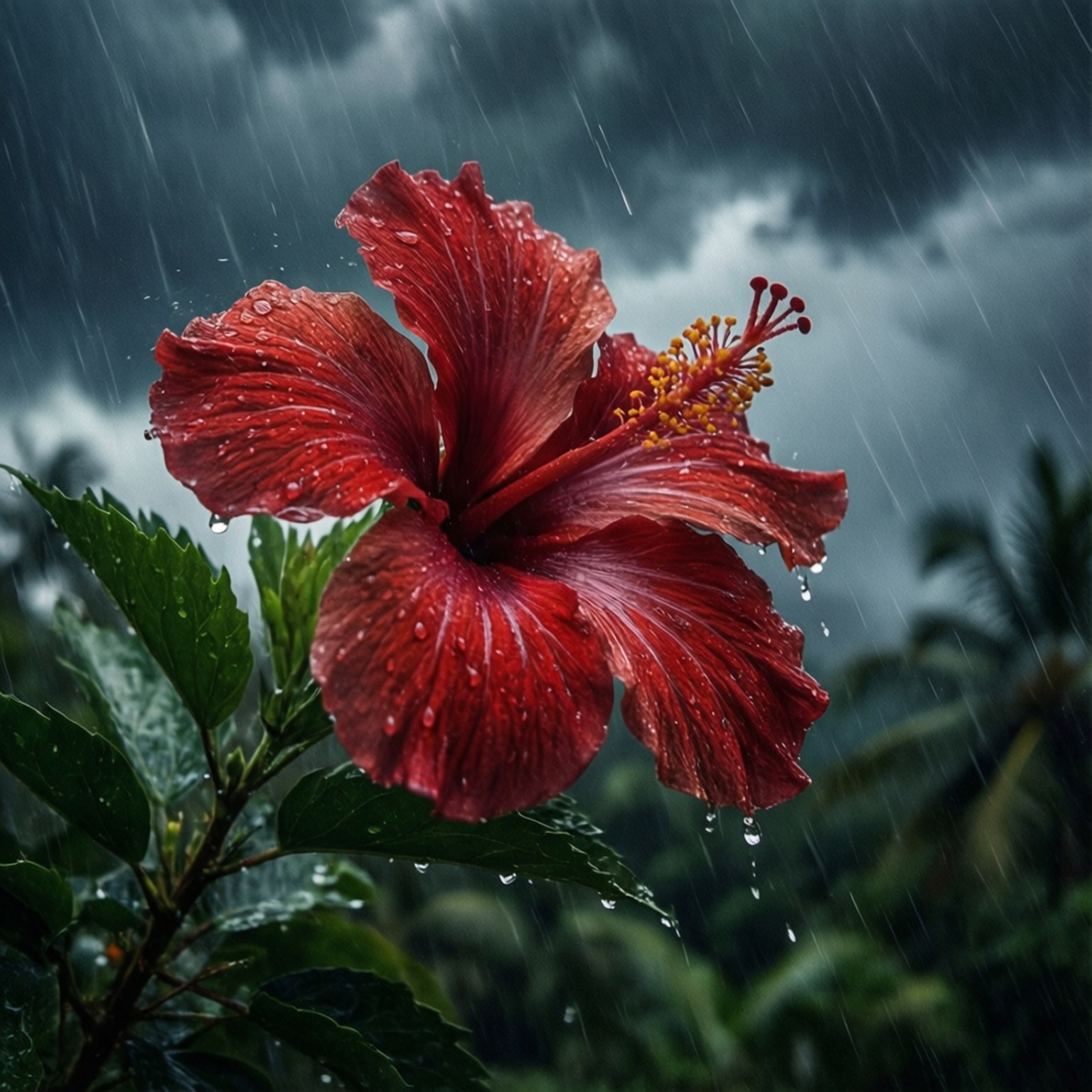 Stormy Hibiscus 壁紙 — 一朵鮮紅色的木芙蓉在暴雨中頑強綻放，映襯著風暴般的灰色天空，花瓣和葉片上閃爍著水滴。