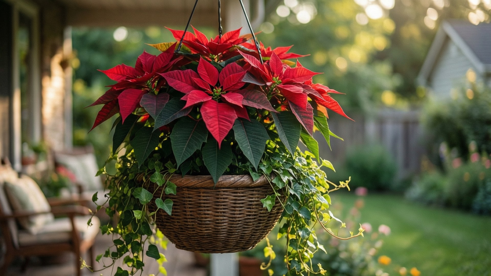 Hanging Poinsettia Basket 壁紙 — 一株鮮紅的聖誕紅在一個柳條編織的掛籃中盛開，籃子飾有垂下的綠色常春藤，背景是陽光明媚的花園。