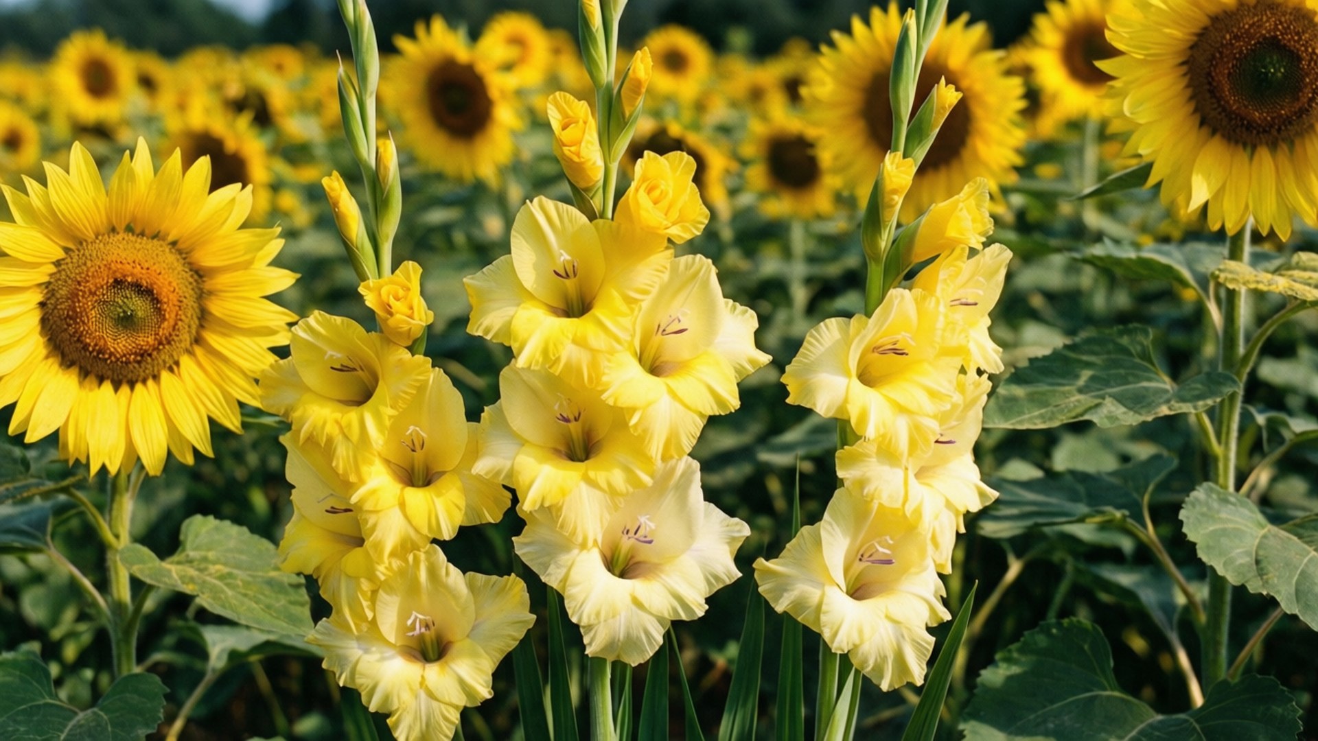 Yellow Gladiolus Sunflowers 壁紙 — 鮮黃色的向日葵和劍蘭在明亮的陽光下，一起盛開在茂盛的綠色田野中。