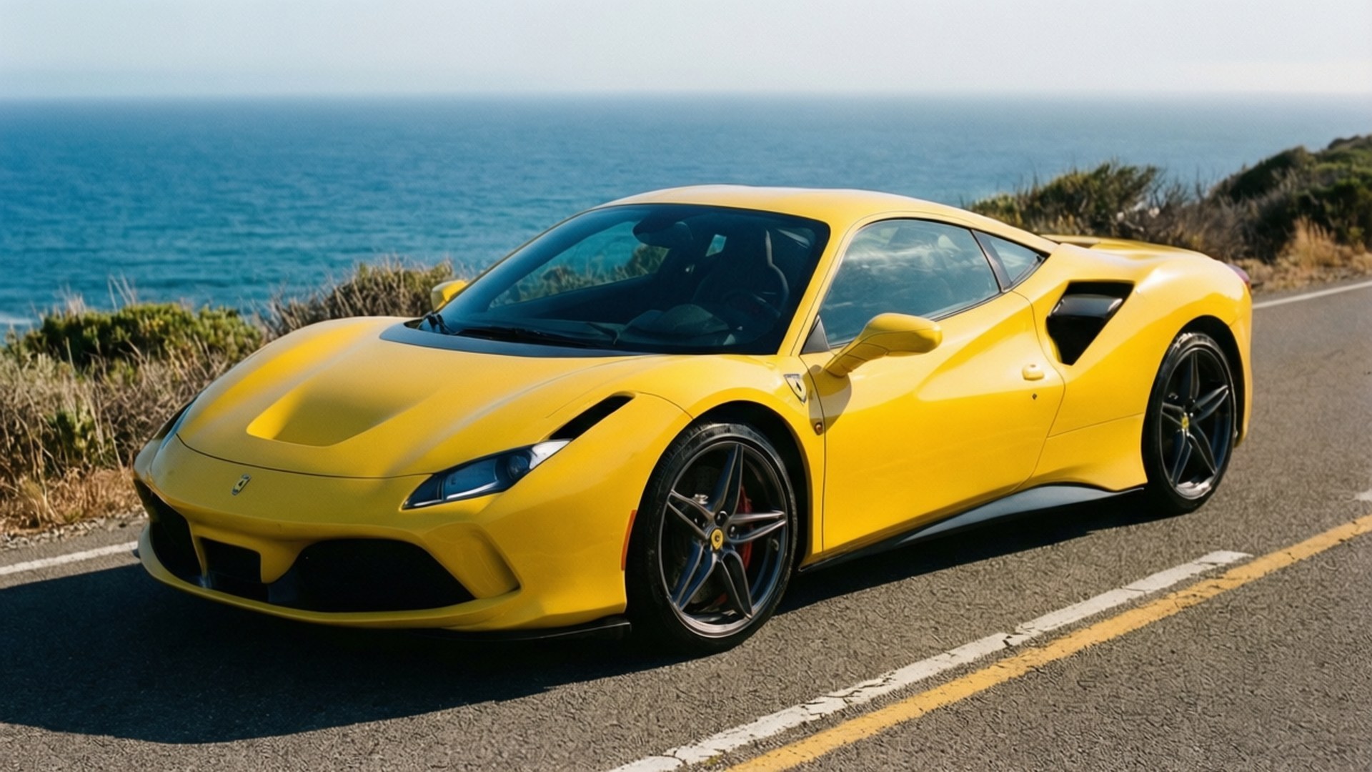 Yellow Ferrari Coast 壁紙 — 一輛鮮黃色的法拉利跑車停泊在沿海道路上，背景是藍色海洋和綠色灌木。