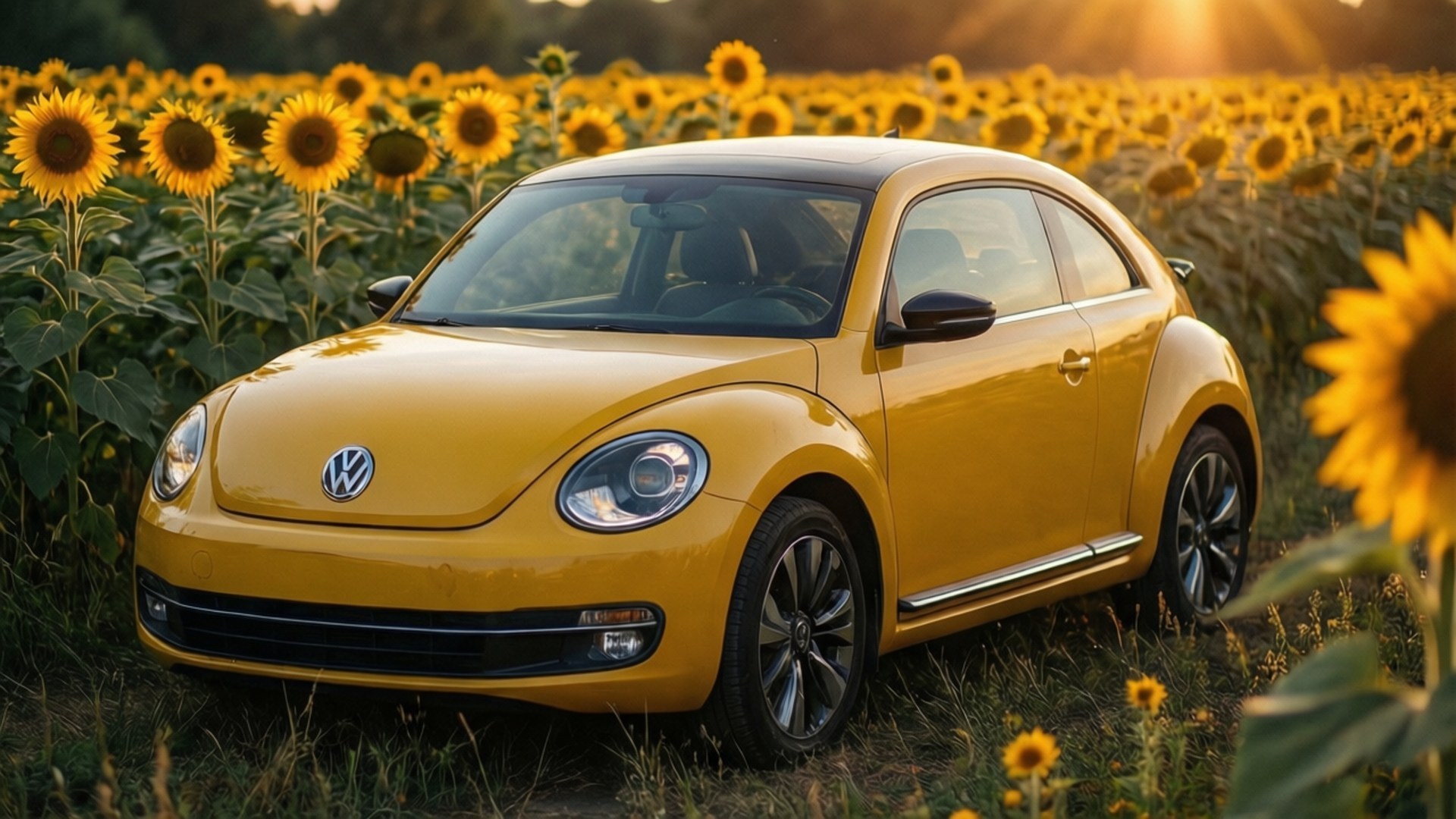 Golden Beetle Sunset 壁紙 — 一輛鮮黃色的福斯金龜車停泊在日落時分的金色向日葵田中央。