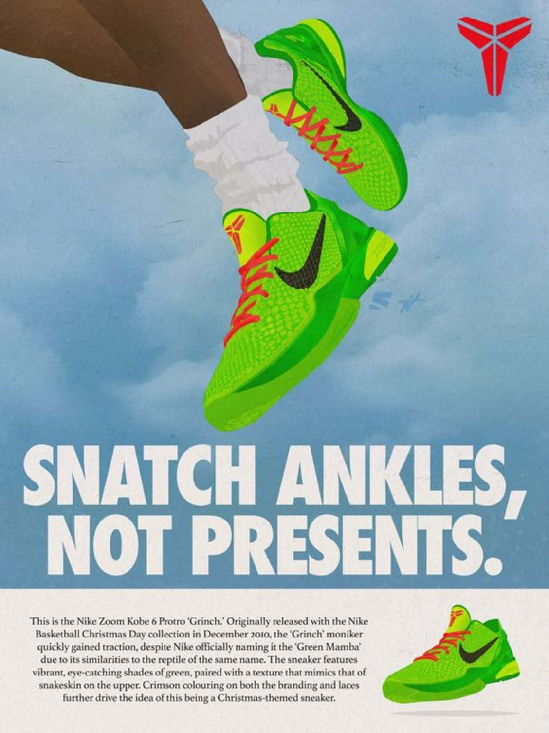 綠色Nike Kobe運動鞋搭配紅色鞋帶在天空漂浮，附有文字。 — NBA聖誕節 壁紙
