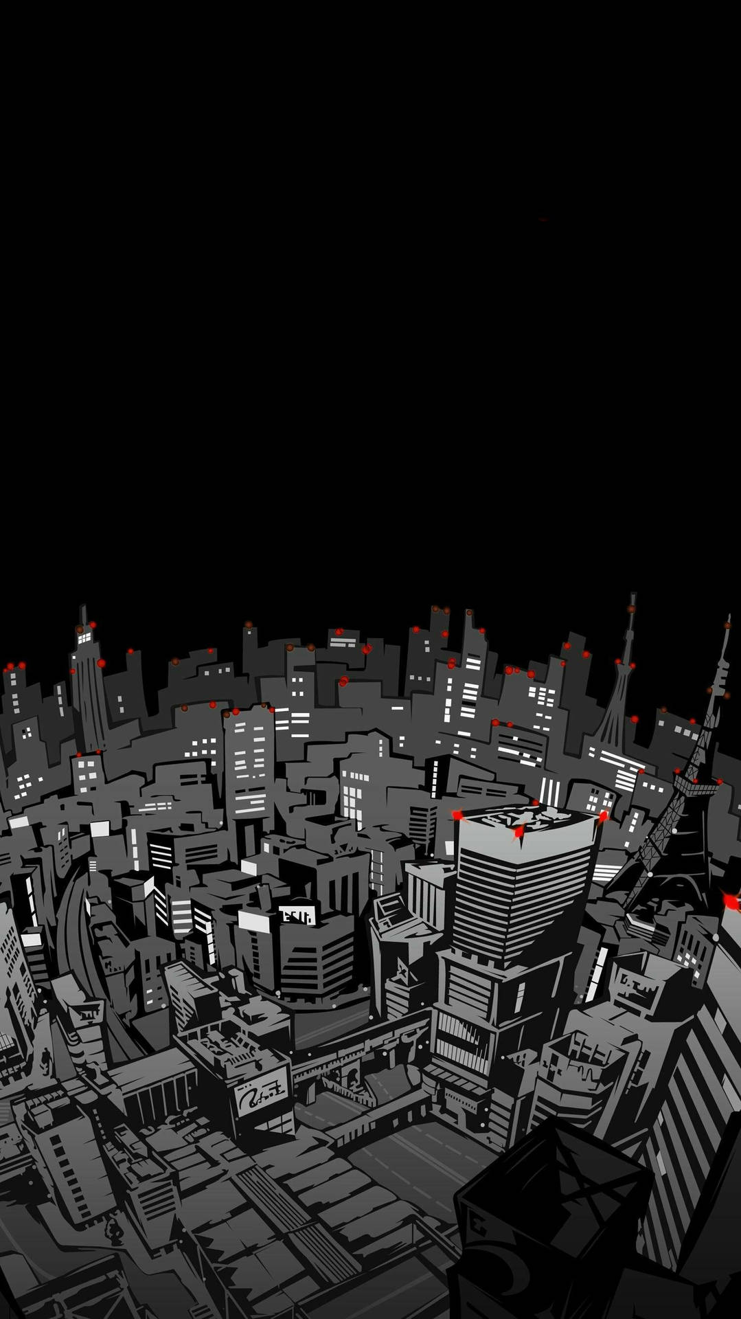 一個風格化的黑白城市夜景，帶有發光的窗戶和紅色點綴。 — 動漫城市 壁紙