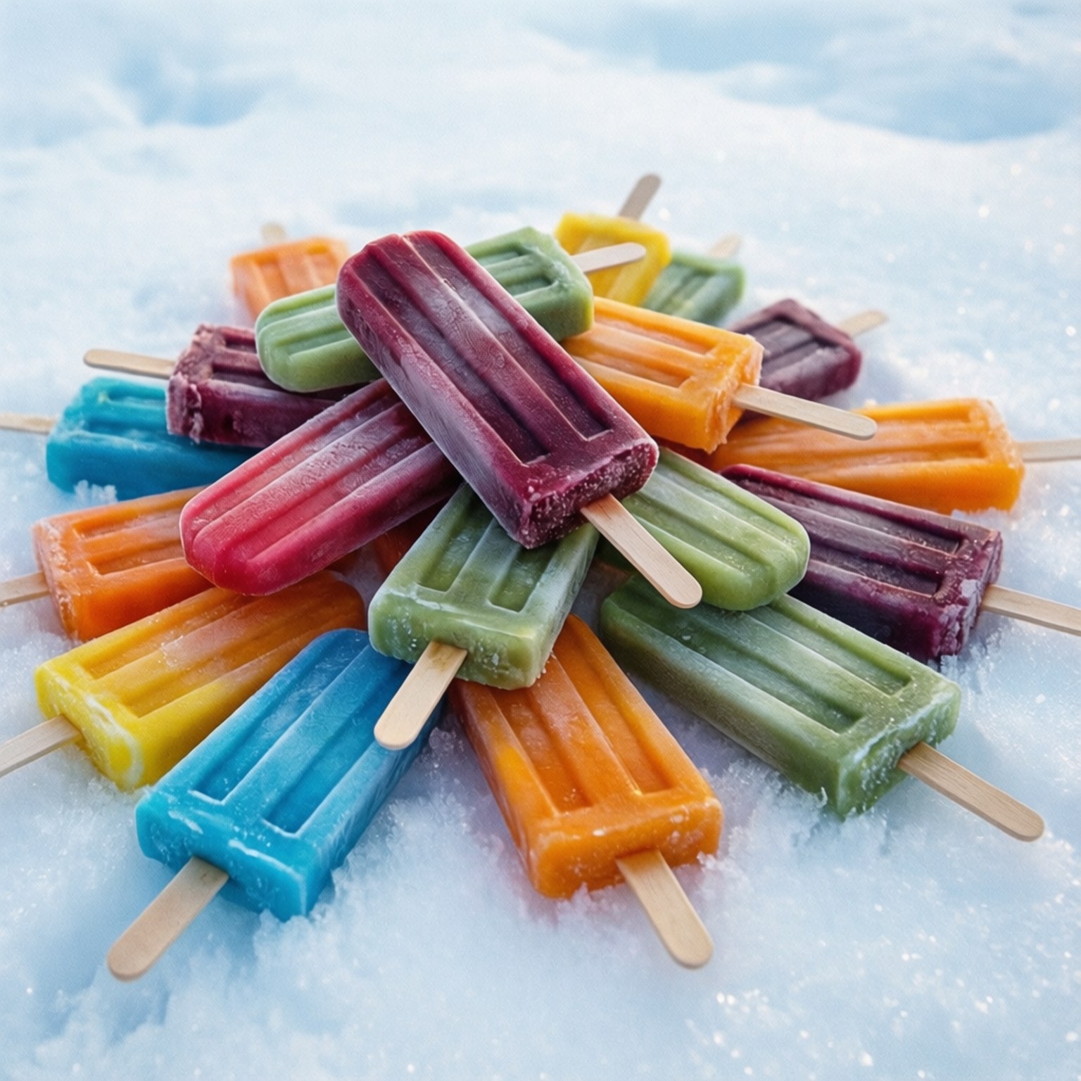 Ice Pops in Snow 壁紙 — 鮮豔的彩虹冰棒用木棍插著，在新雪上排成一個圓圈。