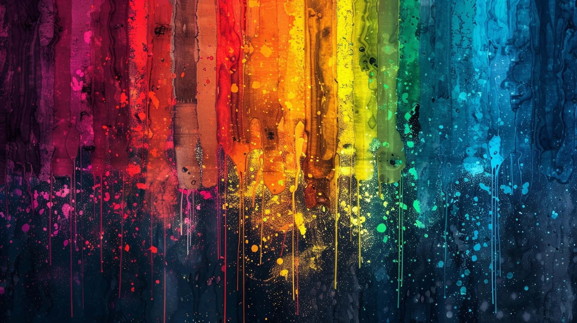  壁紙 — 鮮豔的彩虹油漆滴落和飛濺在深色紋理表面上以大膽的抽象構圖層疊而下。