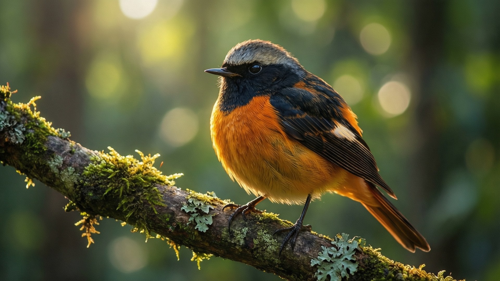 Redstart 桌布 壁紙 — 一隻鮮豔的橙色和黑色小鳥棲息在長滿苔蘚的樹枝上，背景是陽光普照的森林，帶有柔和散景效果。