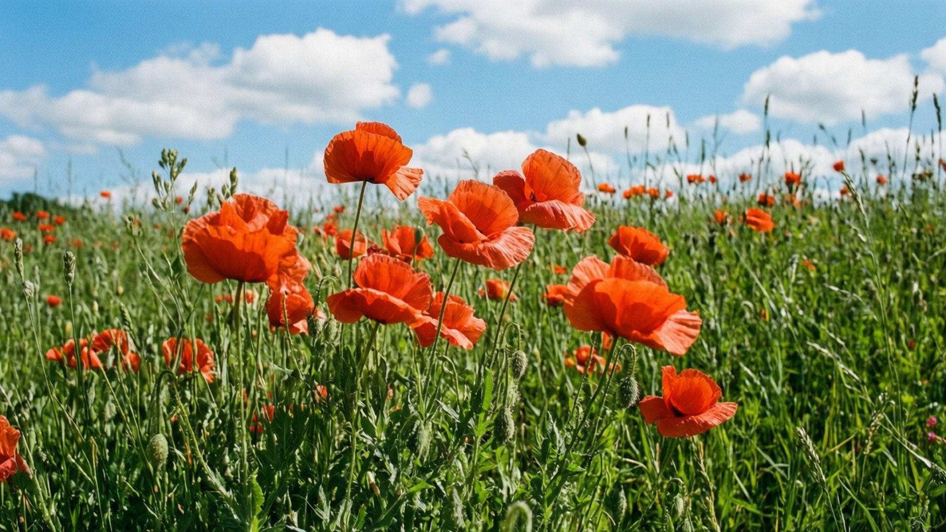 Meadow Poppies 壁紙 — 鮮豔的橙色罌粟花在陽光明媚的綠色田野中搖曳，天空湛藍，白雲朵朵。