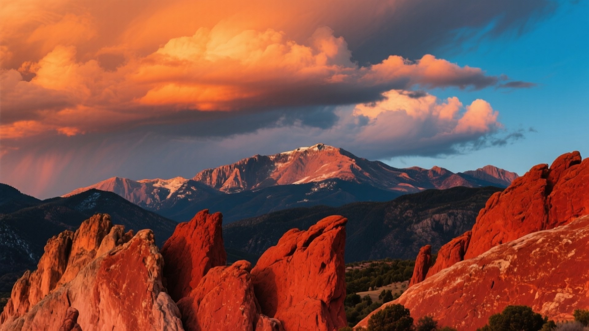 Garden of the Gods Red Rocks 壁紙 — 鮮豔的橙色雲彩劃過暮色天空，下方是雪山和前景的紅色岩層。