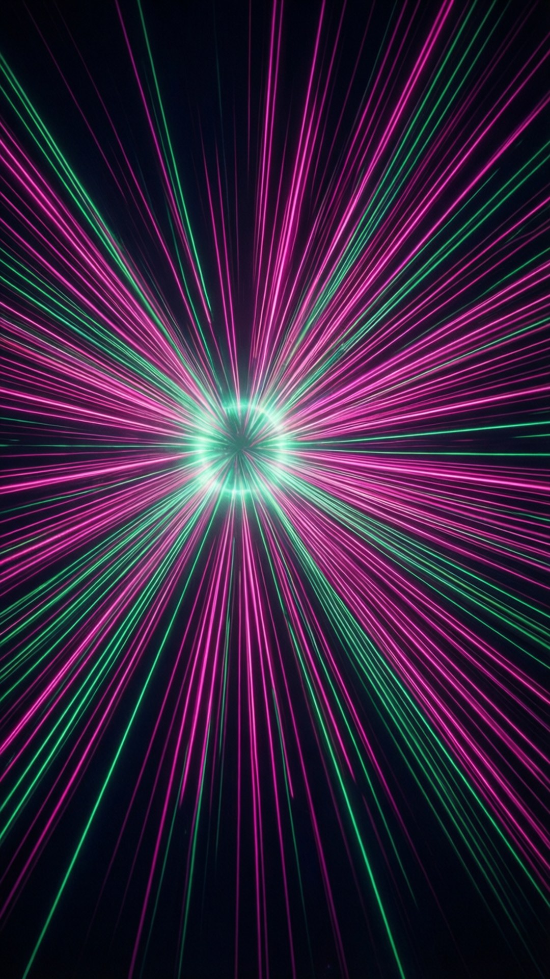 Cyberpunk Radial 壁紙 — 鮮豔的粉紅色和藍綠色雷射光束從發光的中心向外輻射，背景為黑色。