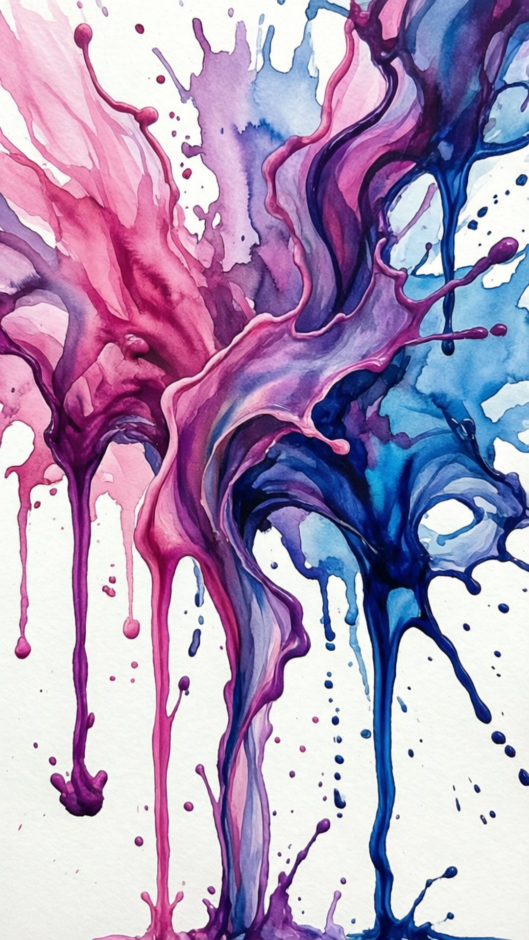 Watercolor Flag Splash 壁紙 — 鮮豔的粉紅色和藍色墨水飛濺在純白背景上動態地層疊，形成流暢的水彩爆炸效果。