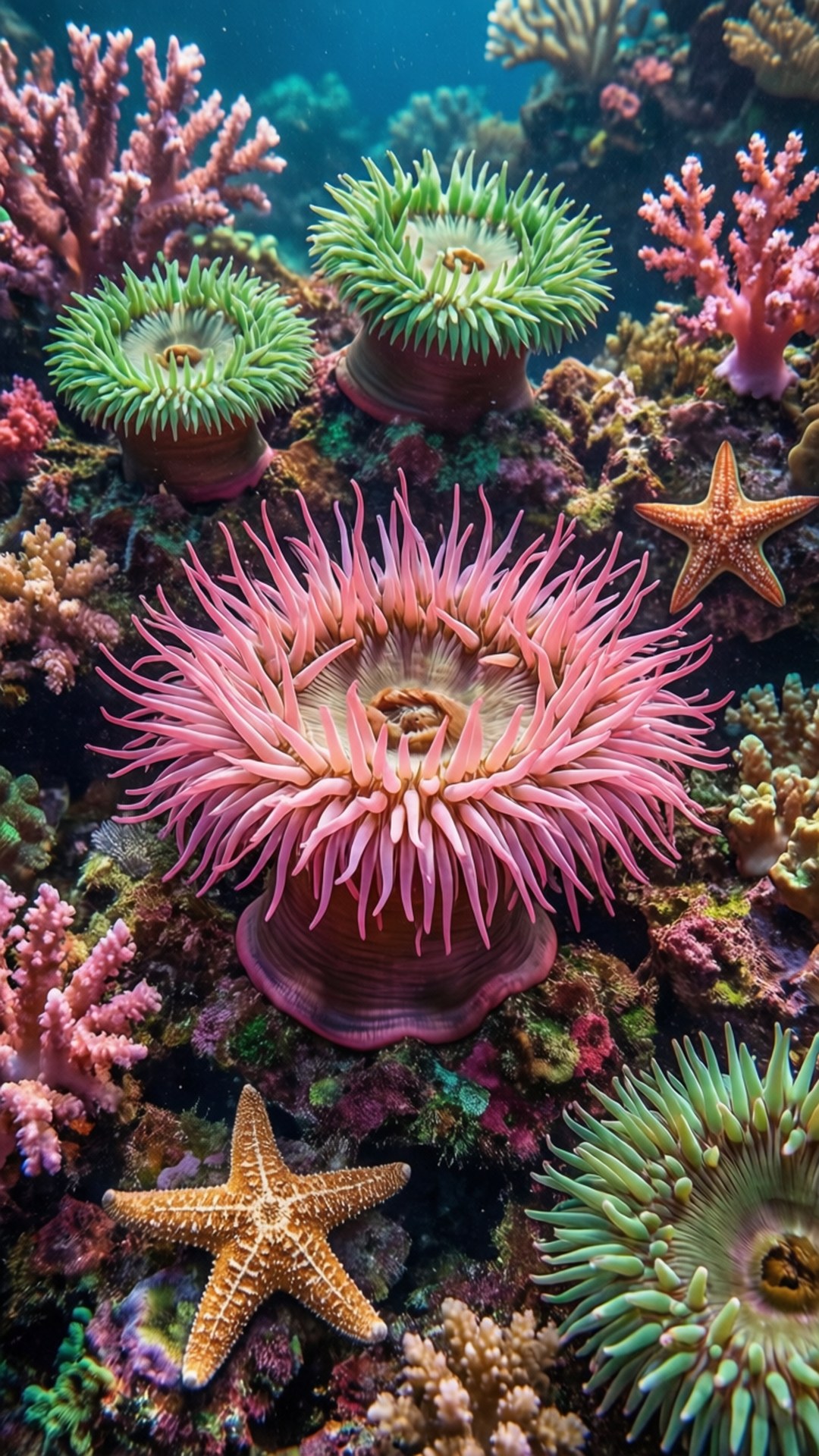 Pink Coral Reef 壁紙 — 鮮豔的粉紅色和綠色海葵在色彩繽紛的海底珊瑚和海星間盛開。