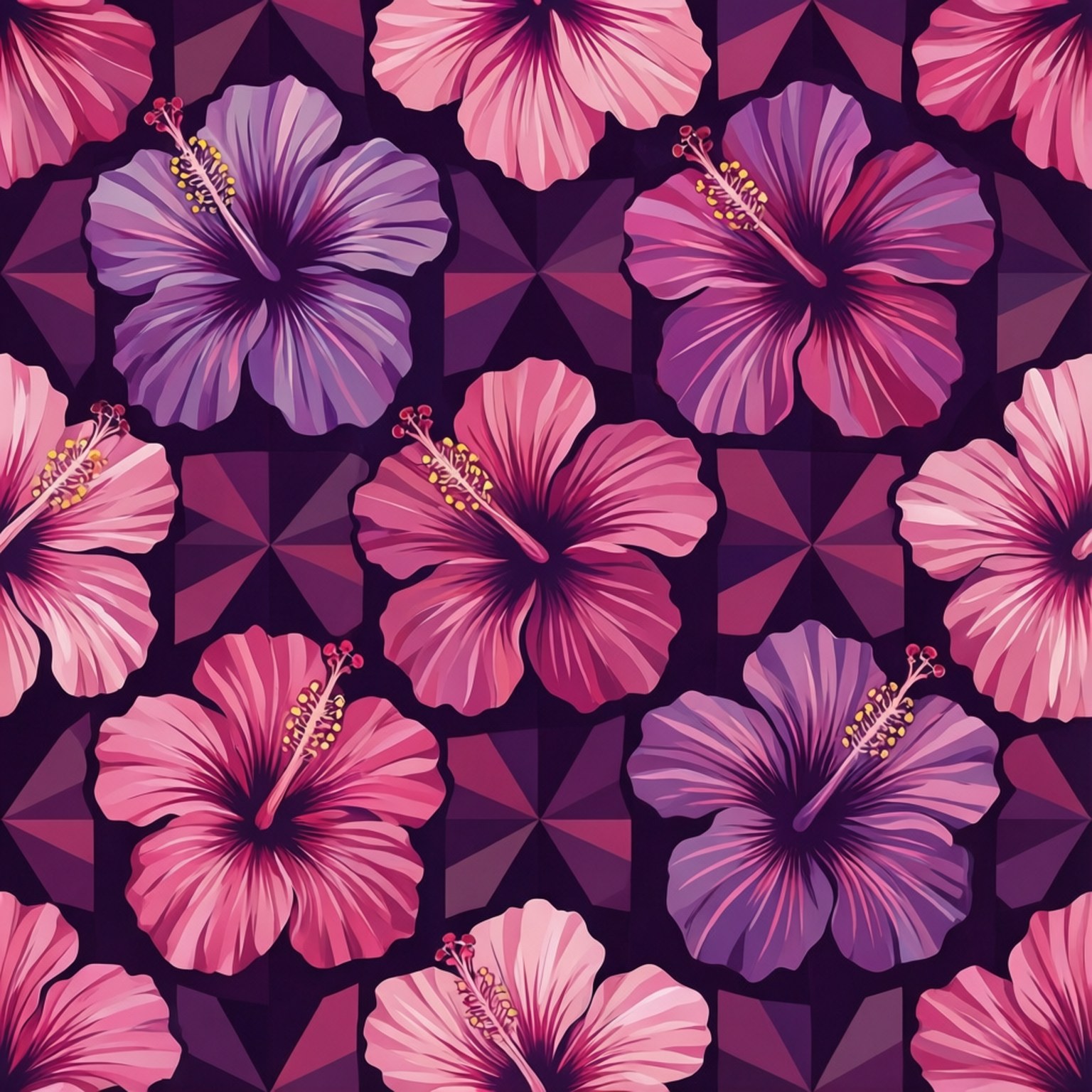 Geometric Hibiscus Pattern 壁紙 — 鮮豔的粉紅色和紫色木槿花，帶有黃色雄蕊，在深色幾何圖案背景上綻放。