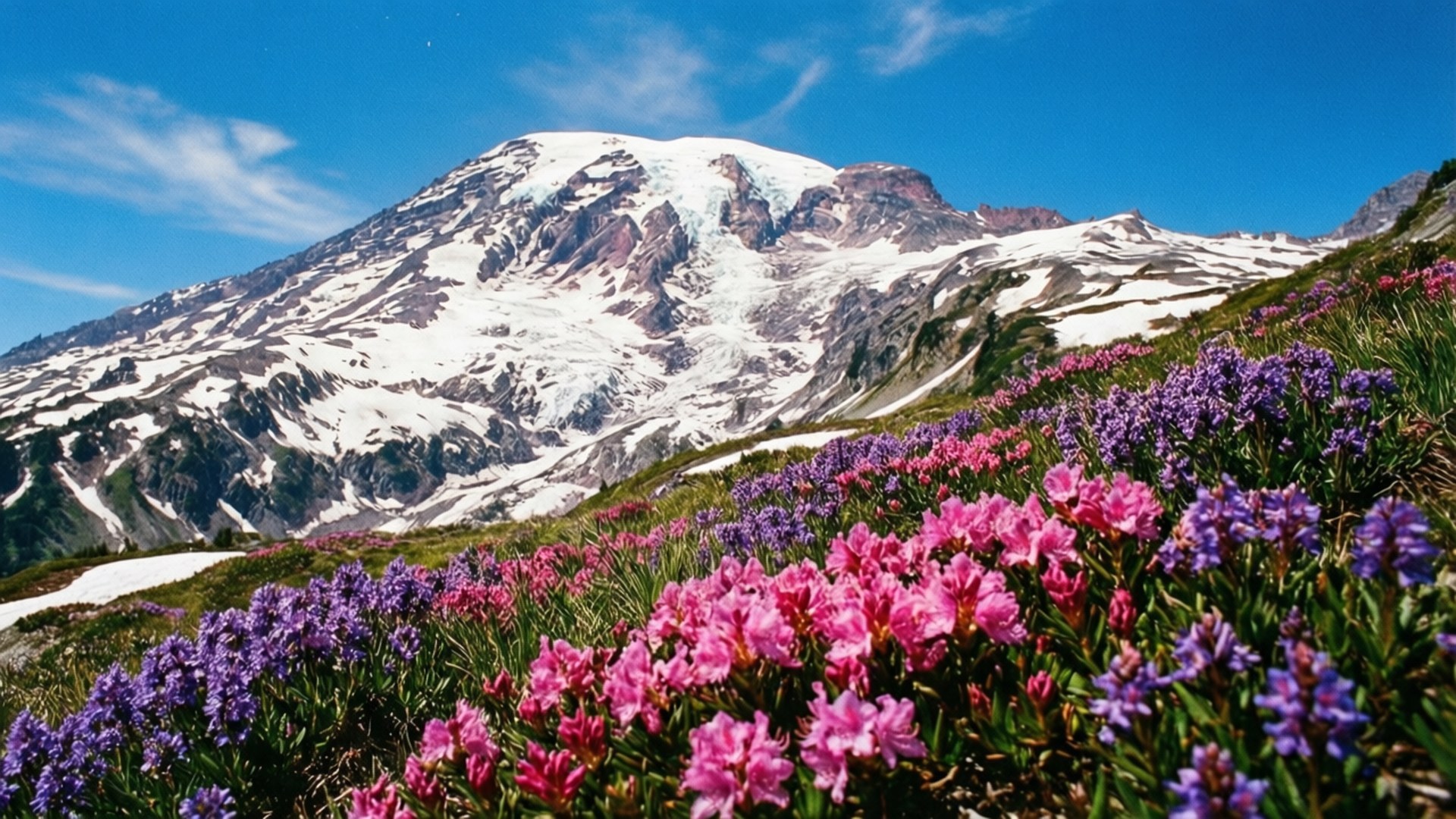 Alpine Flowers Color 壁紙 — 鮮豔的粉紅色和紫色野花在前景盛開，背景是雄偉的雪山，天空清澈湛藍。
