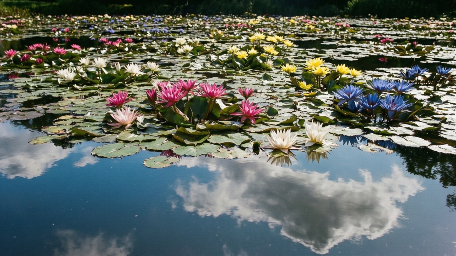 Colorful Lily Pond 壁紙 — 鮮豔的粉紅色、黃色和藍色睡蓮在荷葉上盛開，它們的倒影映照在陰天下的平靜水面上。